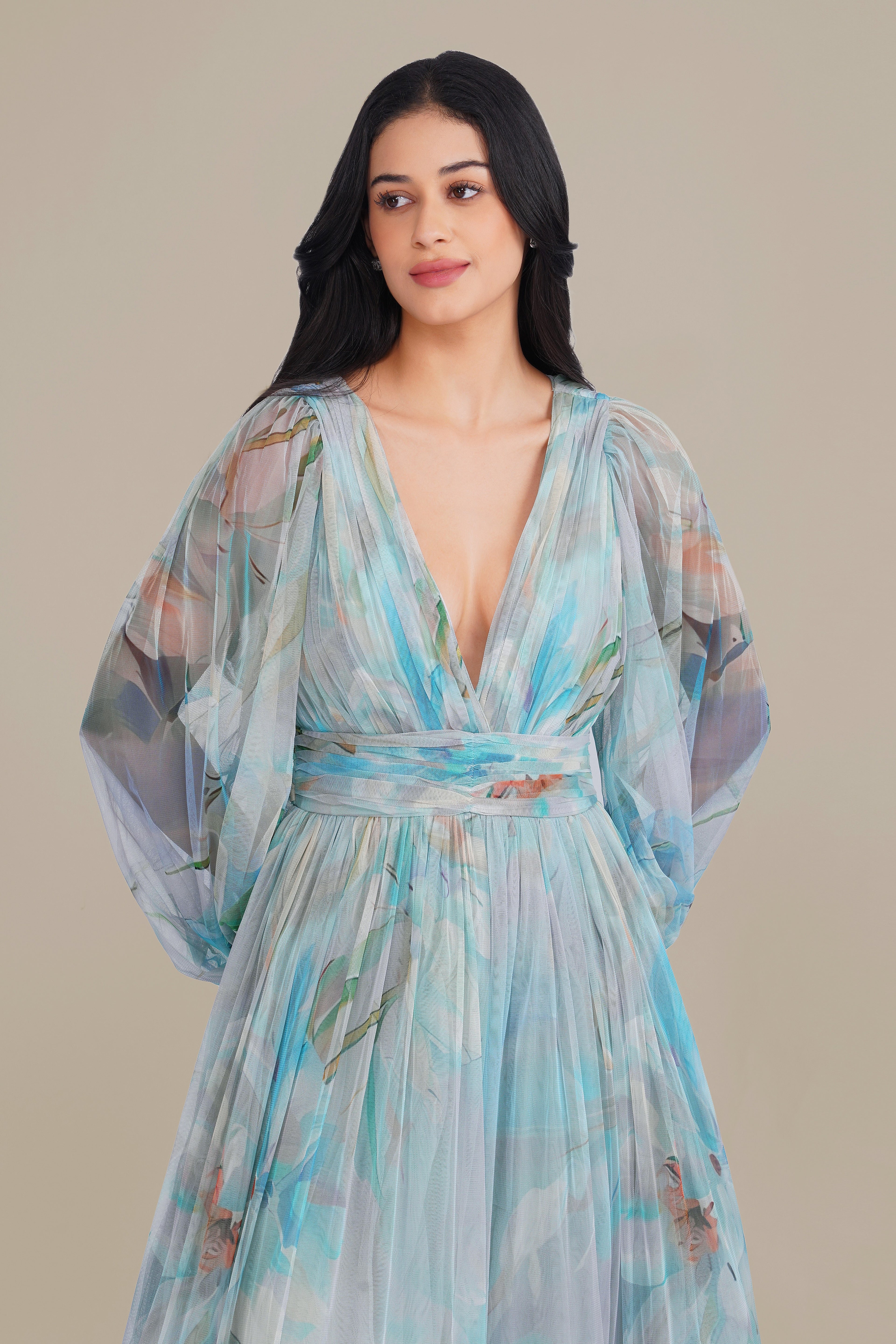 Long Sleeve Tulle Wrap Madison Maxi Dress in Blue Dahlia Print