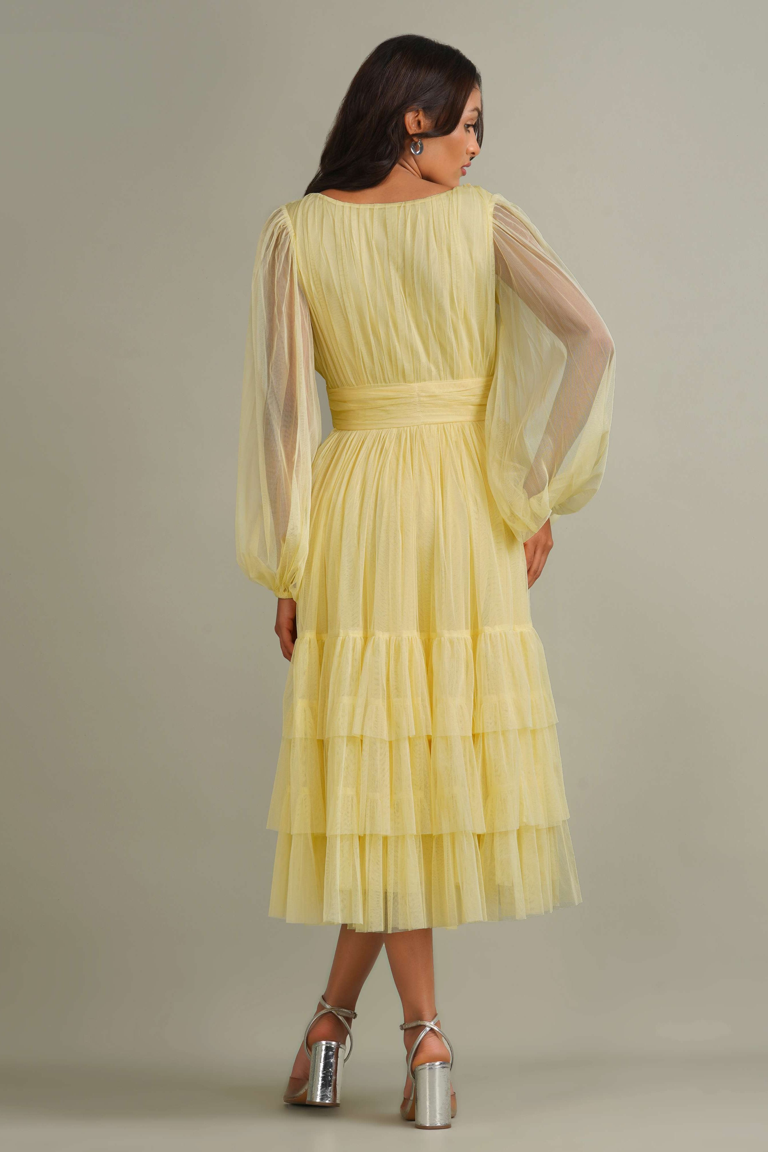 Madison Long Sleeve Tulle Midi Dress in Buttercup