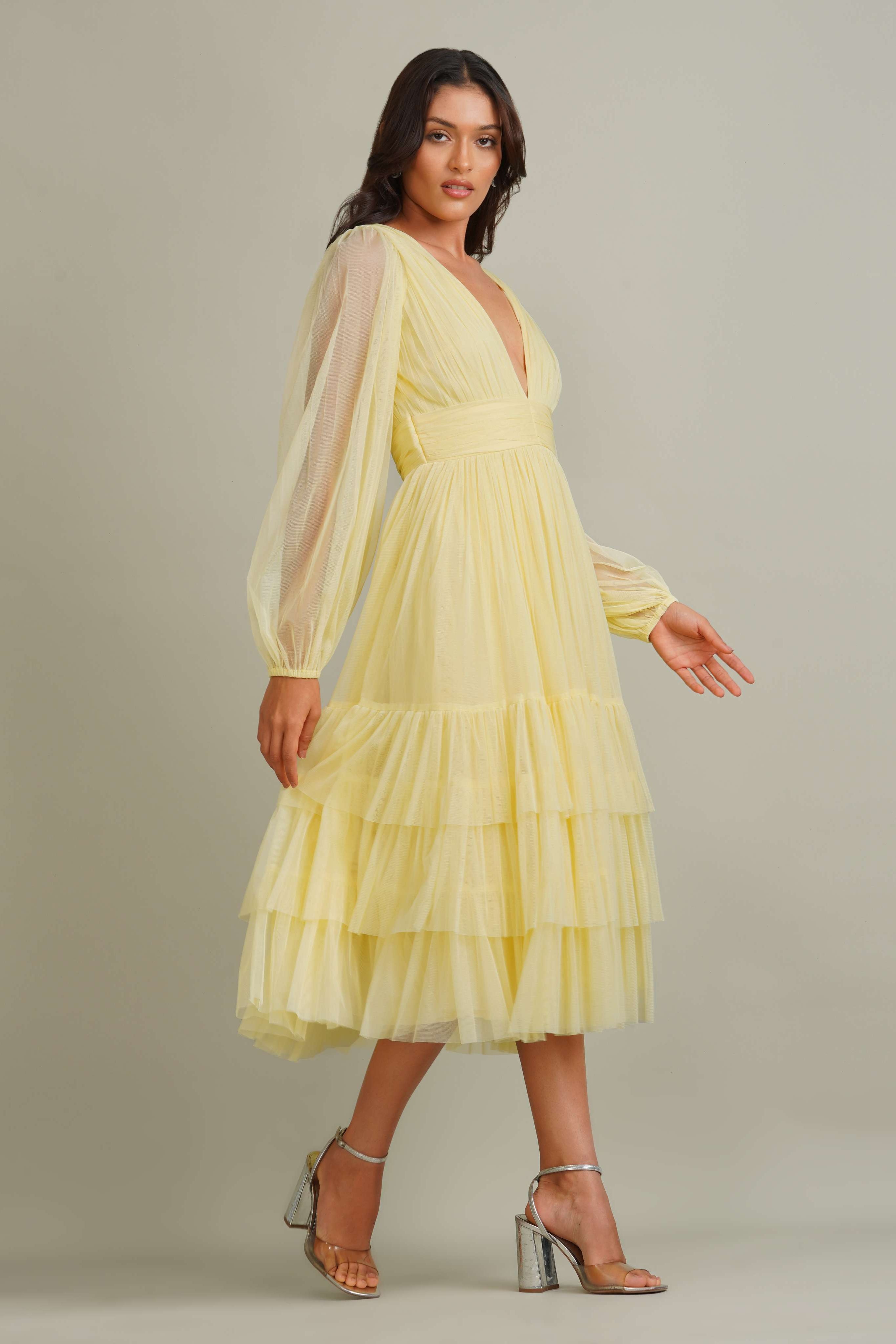 Bridesmaid long sleeve plunging tulle mesh midi dress wedding guest yellow buttercup lemon