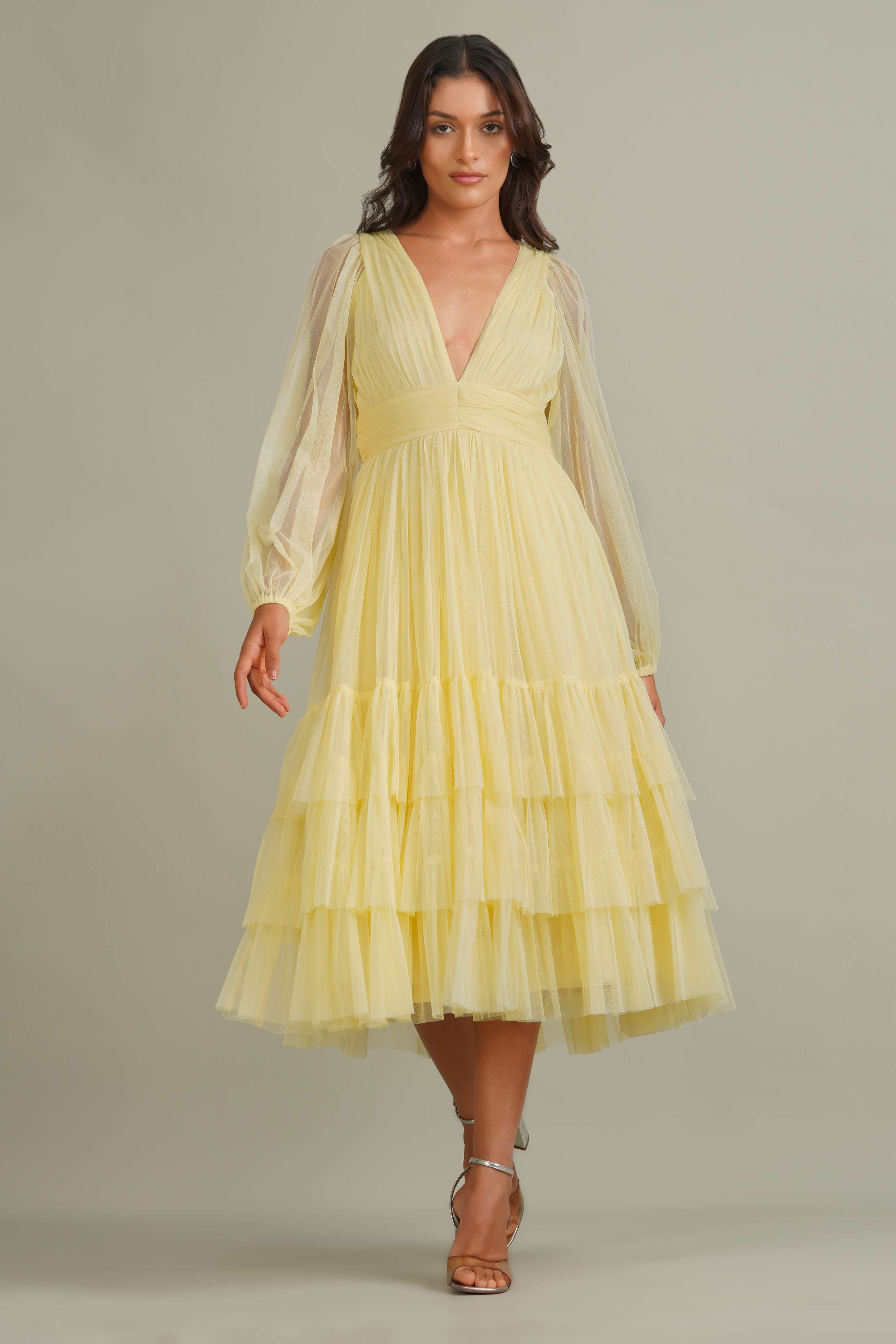 Madison Long Sleeve Tulle Midi Dress in Buttercup