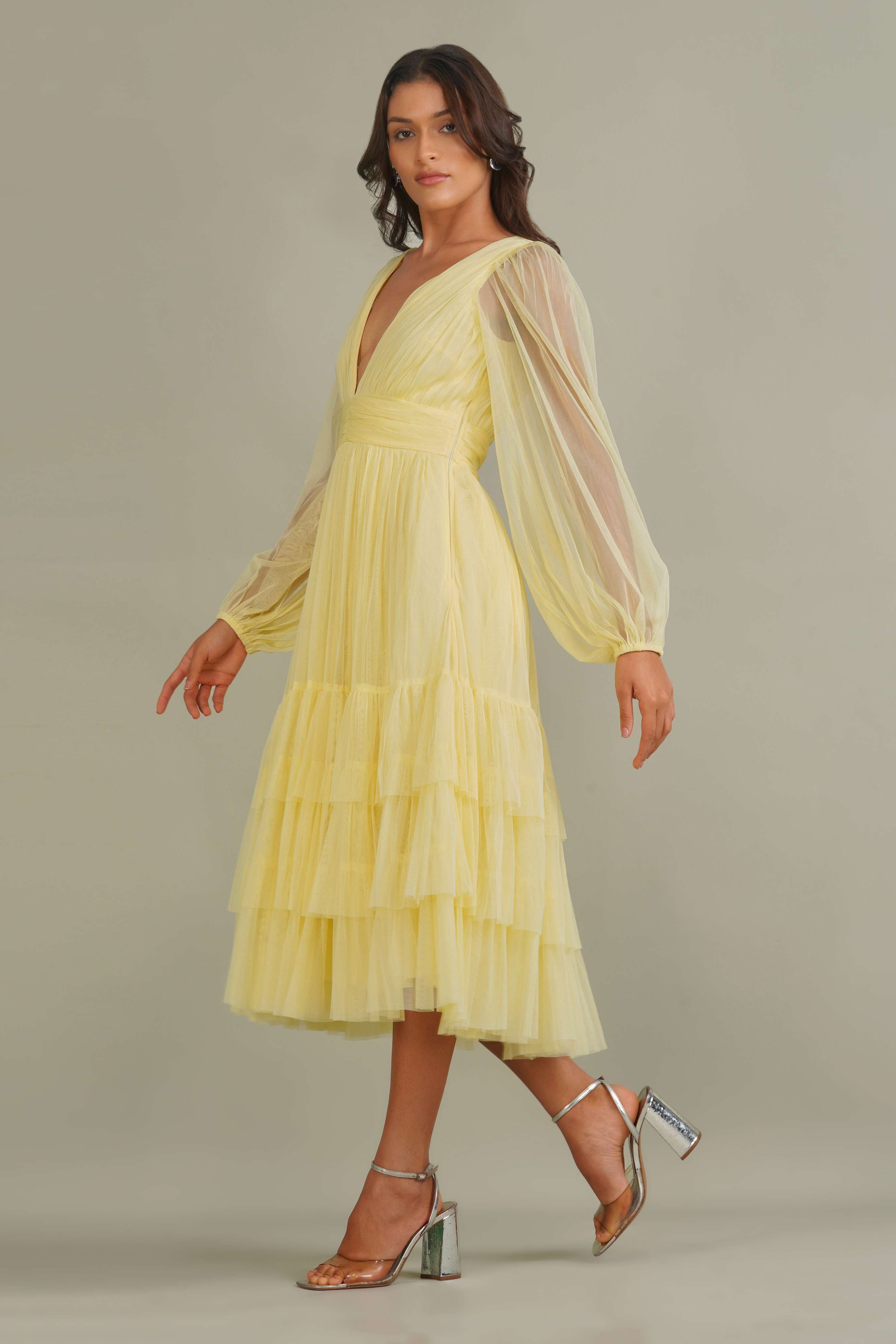 Madison Long Sleeve Tulle Midi Dress in Buttercup