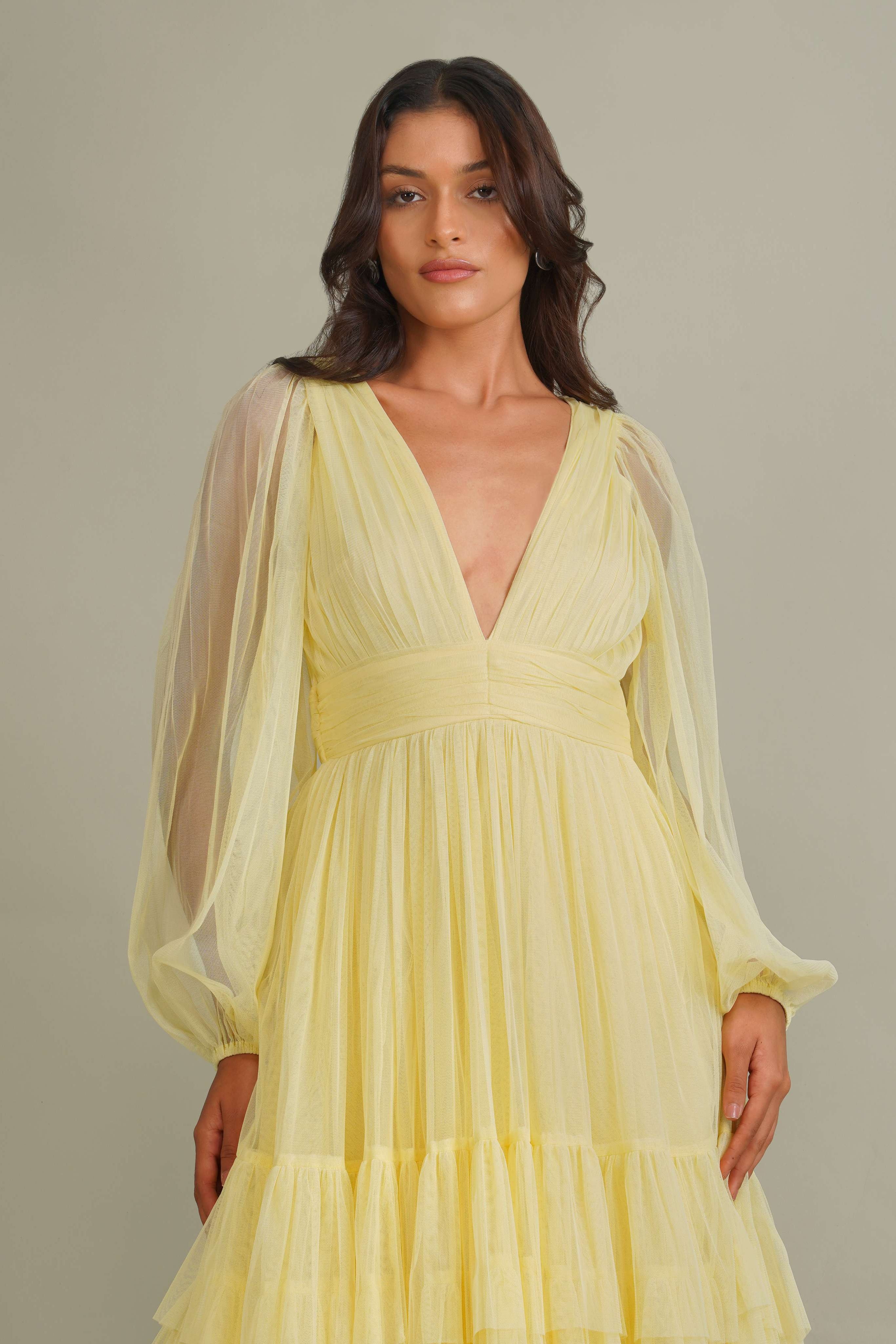 Madison Long Sleeve Tulle Midi Dress in Buttercup