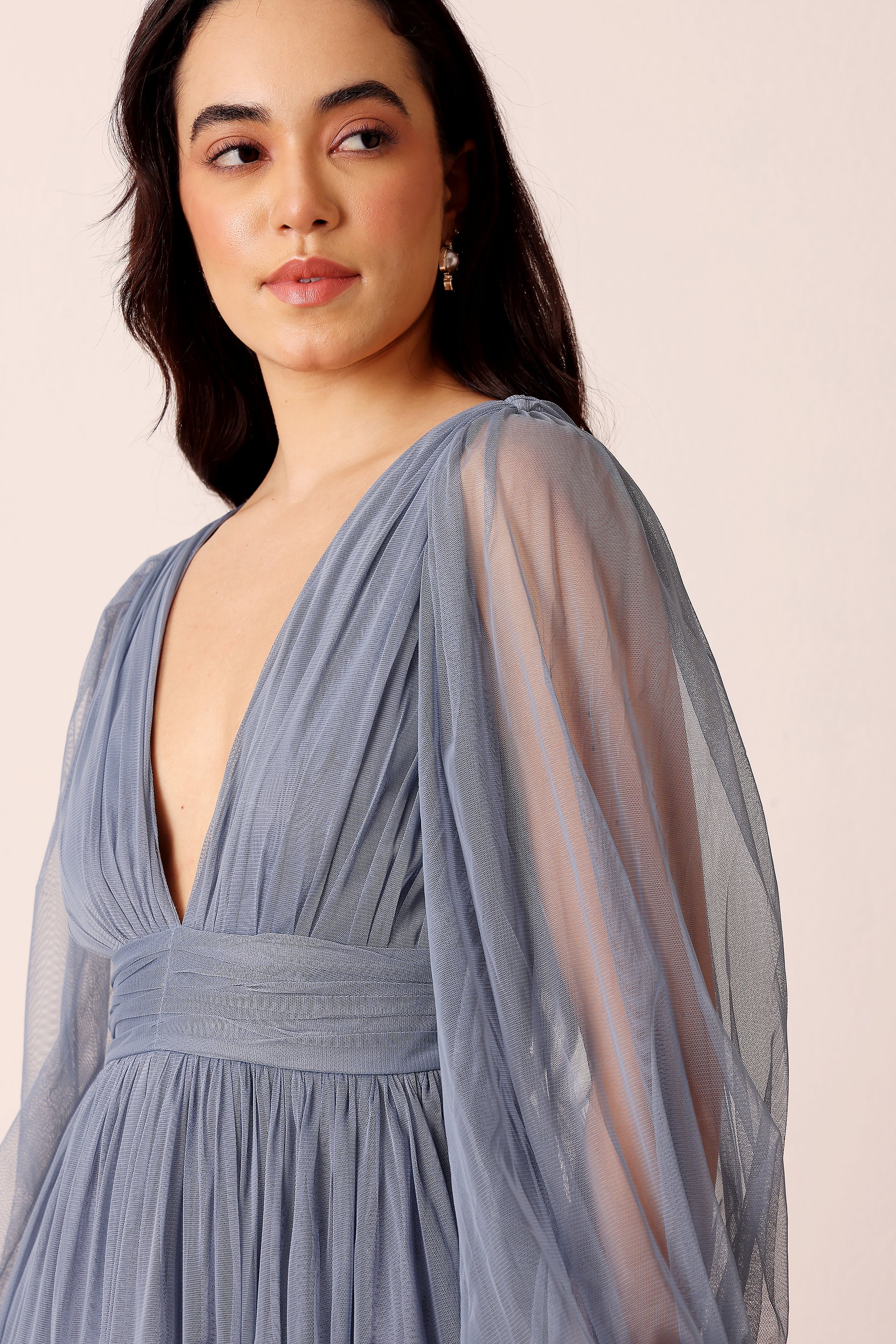 Madison Long Sleeve Tulle Midi Dress in Dusty Blue