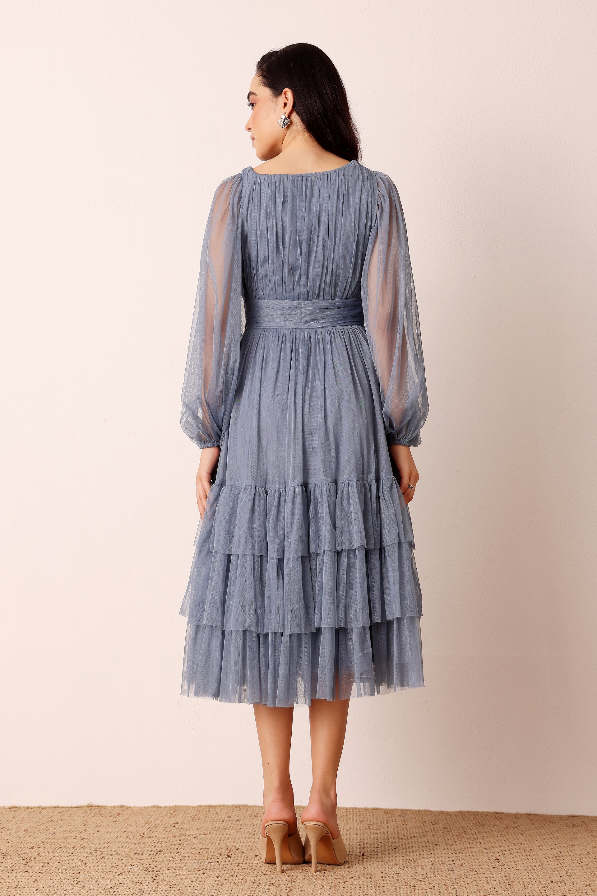 Madison Long Sleeve Tulle Midi Dress in Dusty Blue