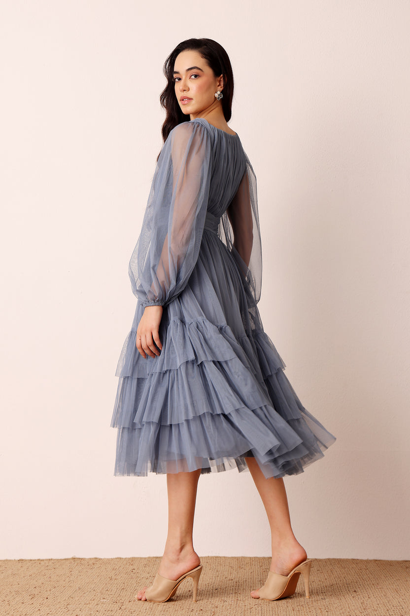 Madison Long Sleeve Tulle Midi Dress in Dusty Blue – Lace & Beads