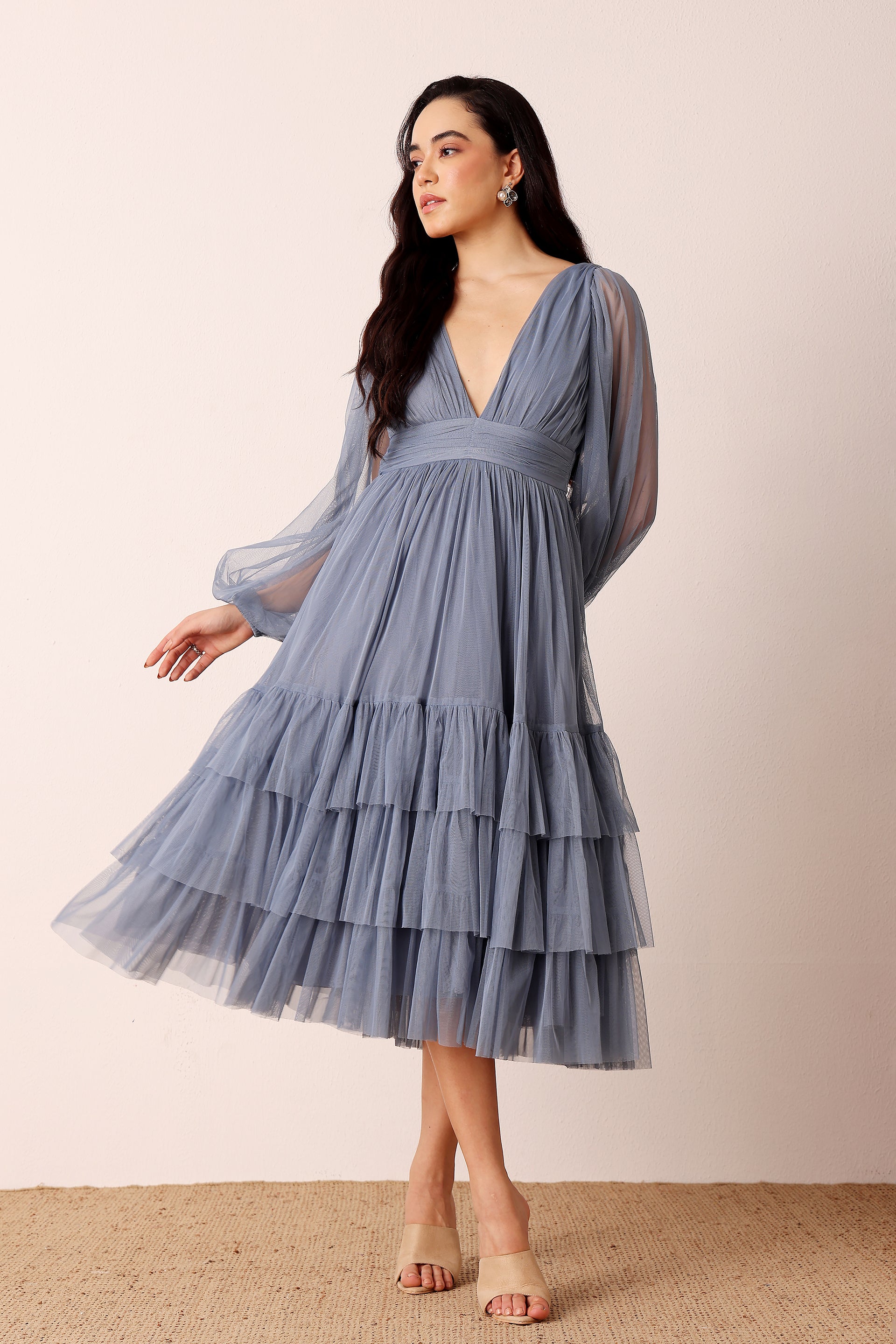 Madison Long Sleeve Tulle Midi Dress in Dusty Blue