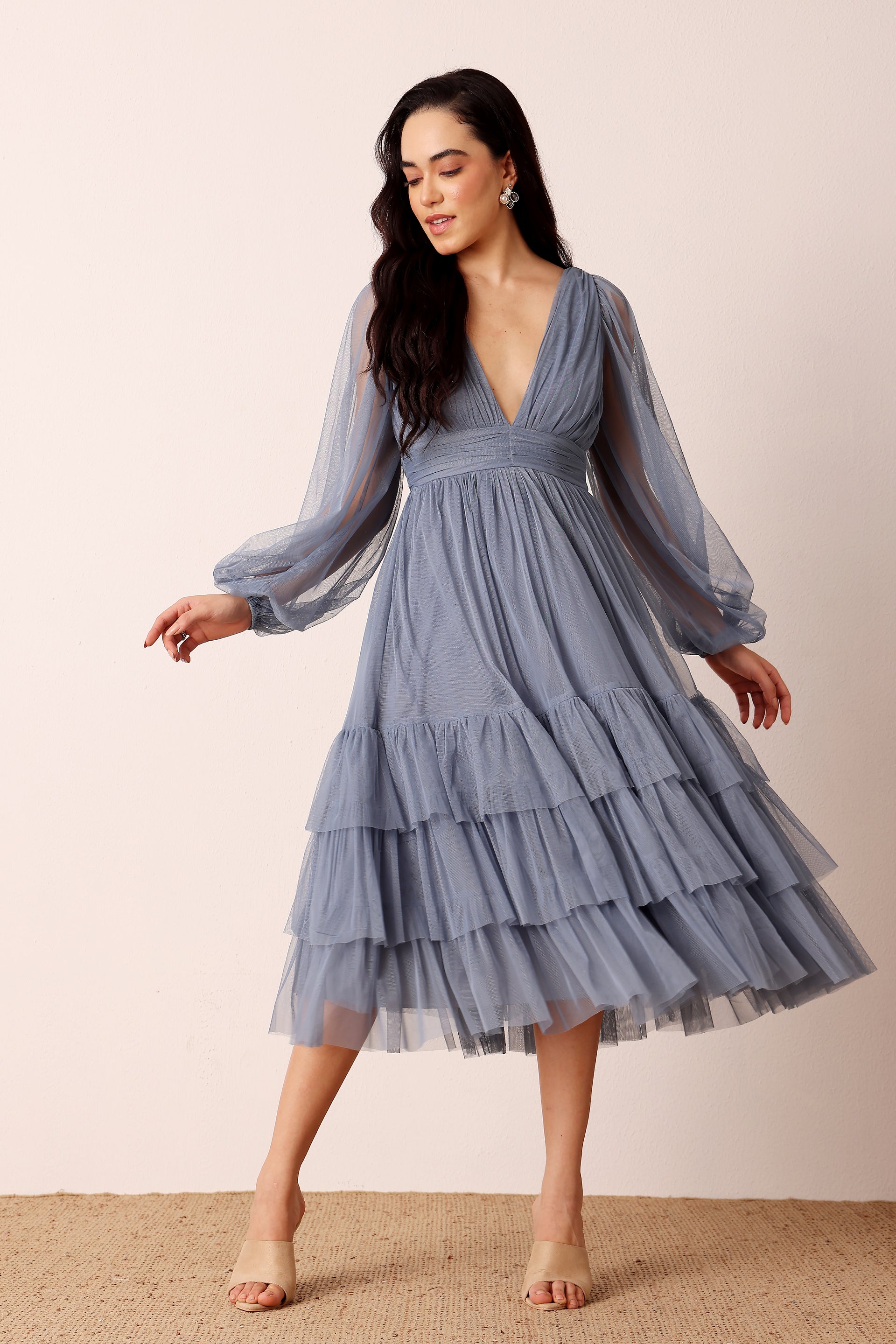 Madison Long Sleeve Tulle Midi Dress in Dusty Blue