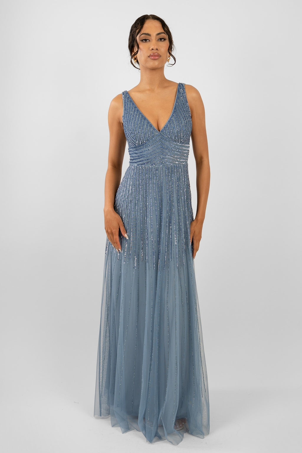 beaded dusty blue dress Dusty Blue One shoulder High Split Beaded Long Prom Dresses