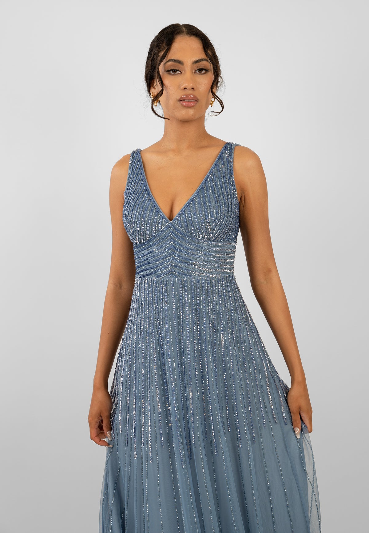 Lorelai Dusty Blue Embellished Maxi Dress – Lace & Beads
