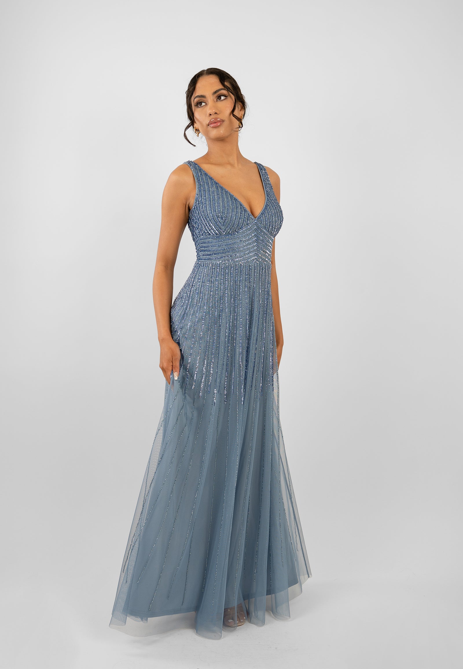 Lorelai Dusty Blue Embellished Maxi Dress – Lace & Beads