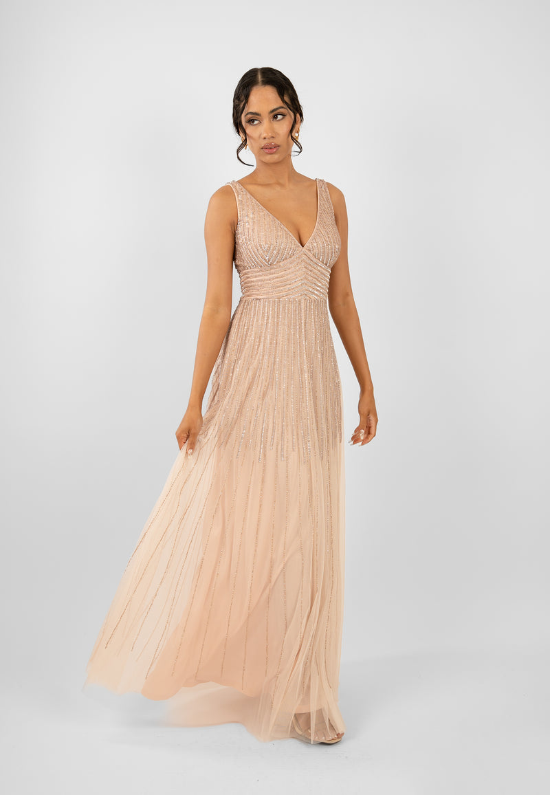 Lorelai Blush Pink Embellished Maxi Dress Lace Beads