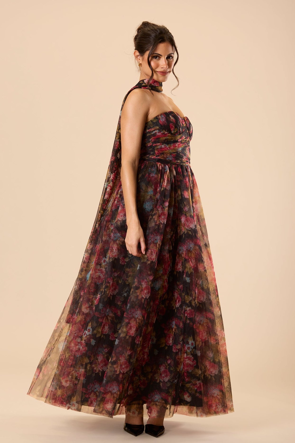 Corset Style Strapless Scarf Black Floral Print Tulle Wedding Guest Maxi Dress