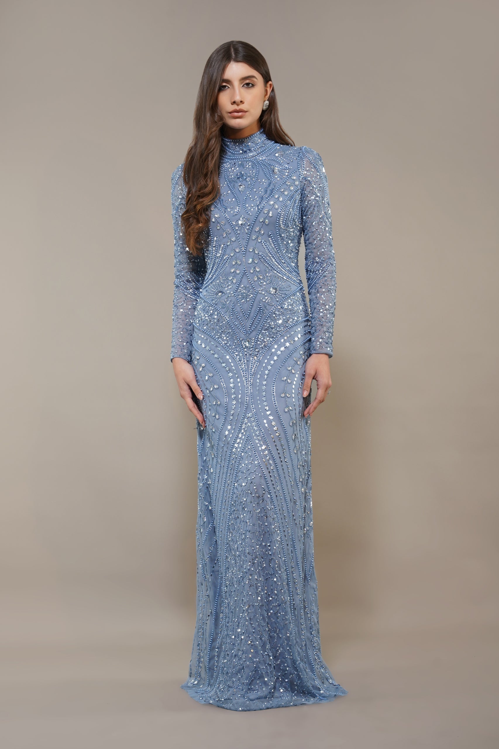 Light Blue Maxi Embellished Dress Modest Long-sleeve wedding 