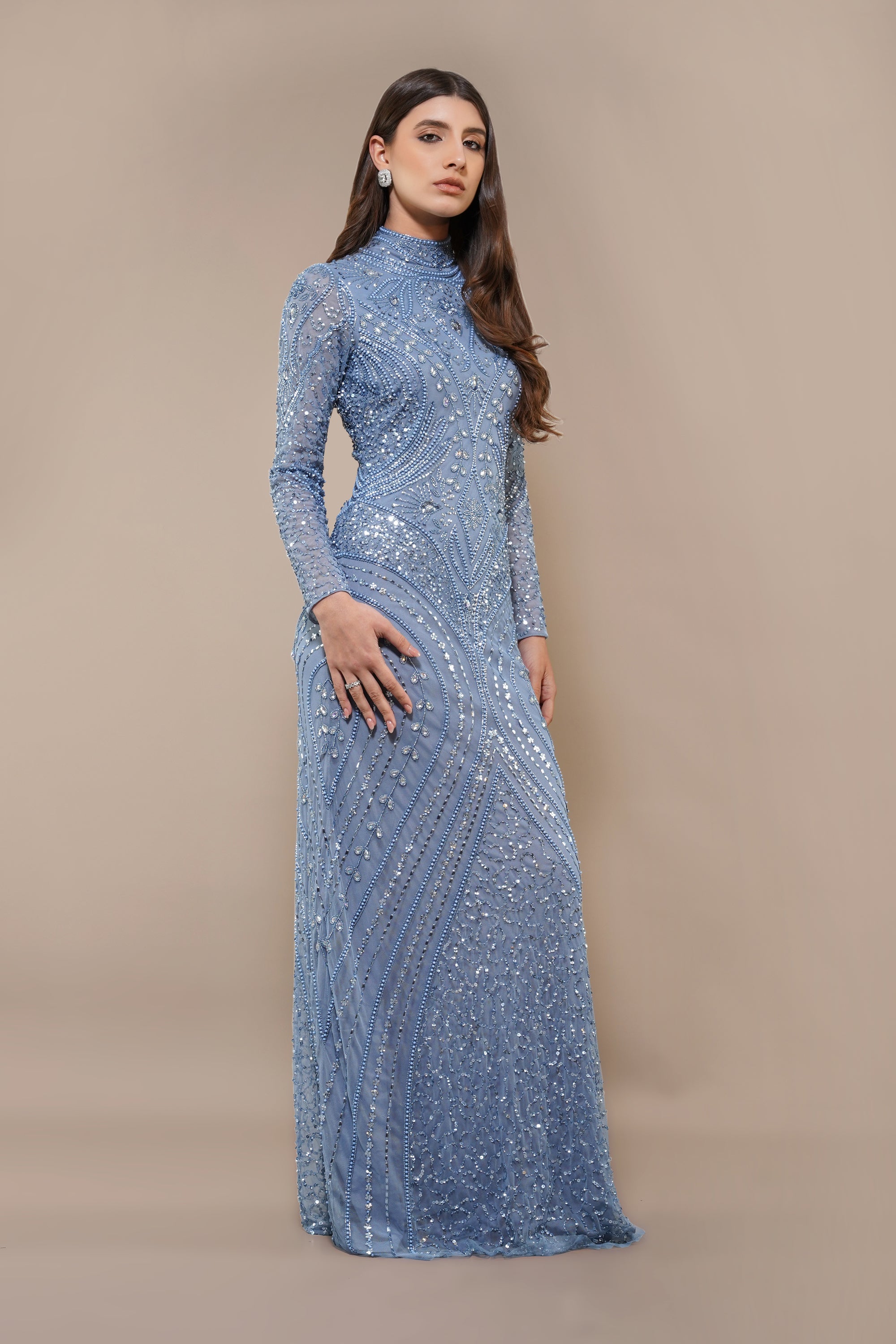 Lotus Embellished Maxi Dress in Light Blue – Lace & Beads