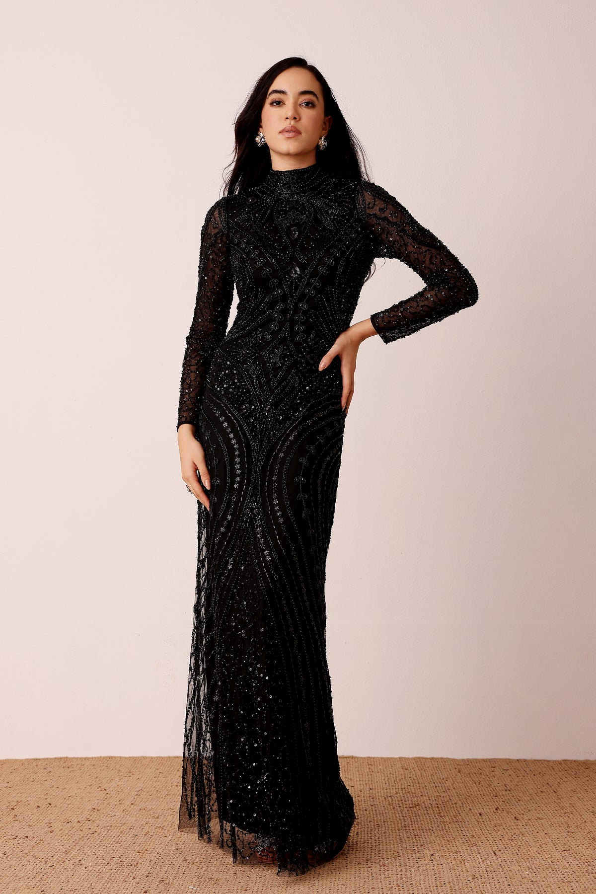 Modest Long Sleeve Maxi Embellished Sequin Beads Black Wedding Guest Dress