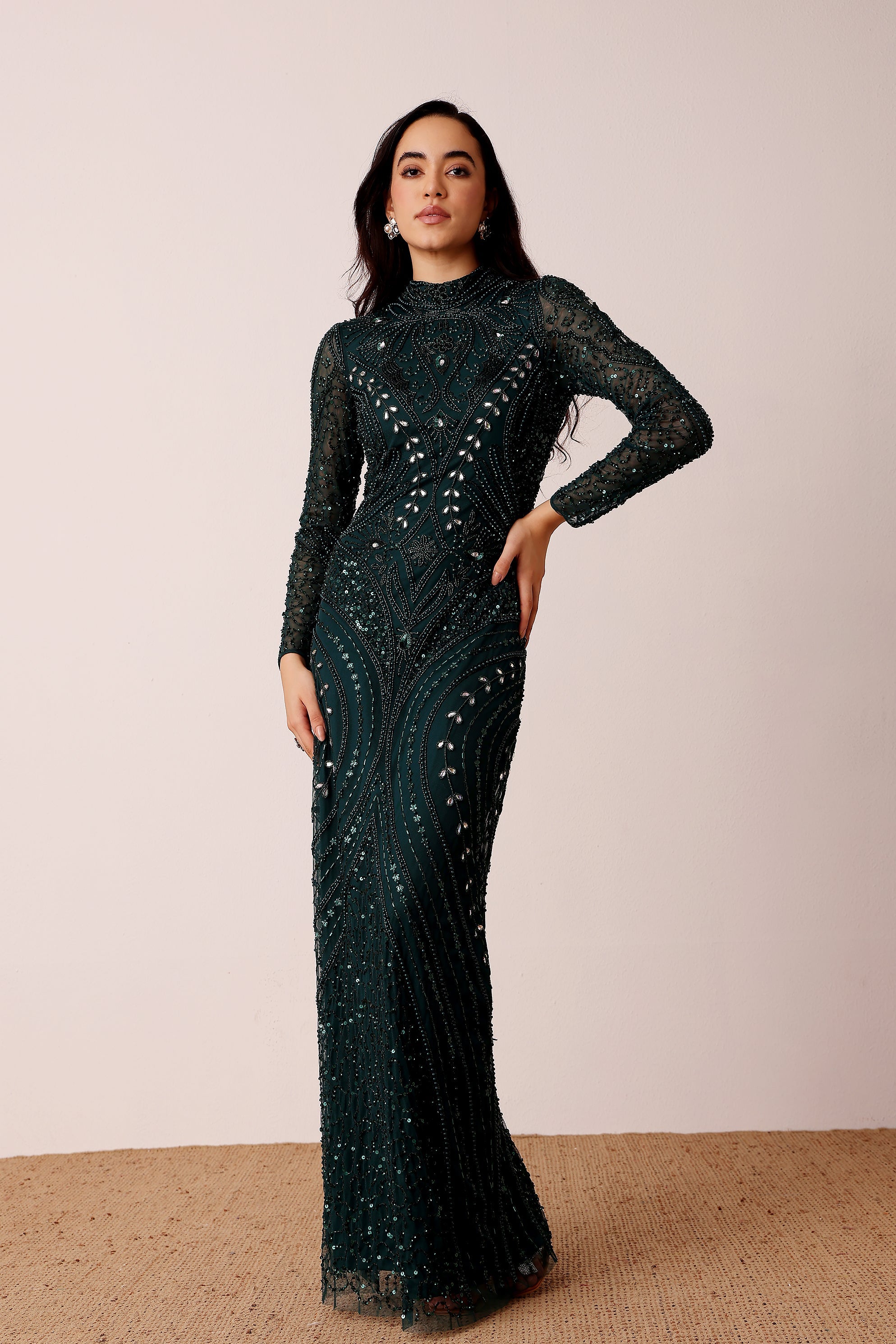 Long sleeve embellished beaded modest black-tie high-neck formal evening emerald green maxi dress