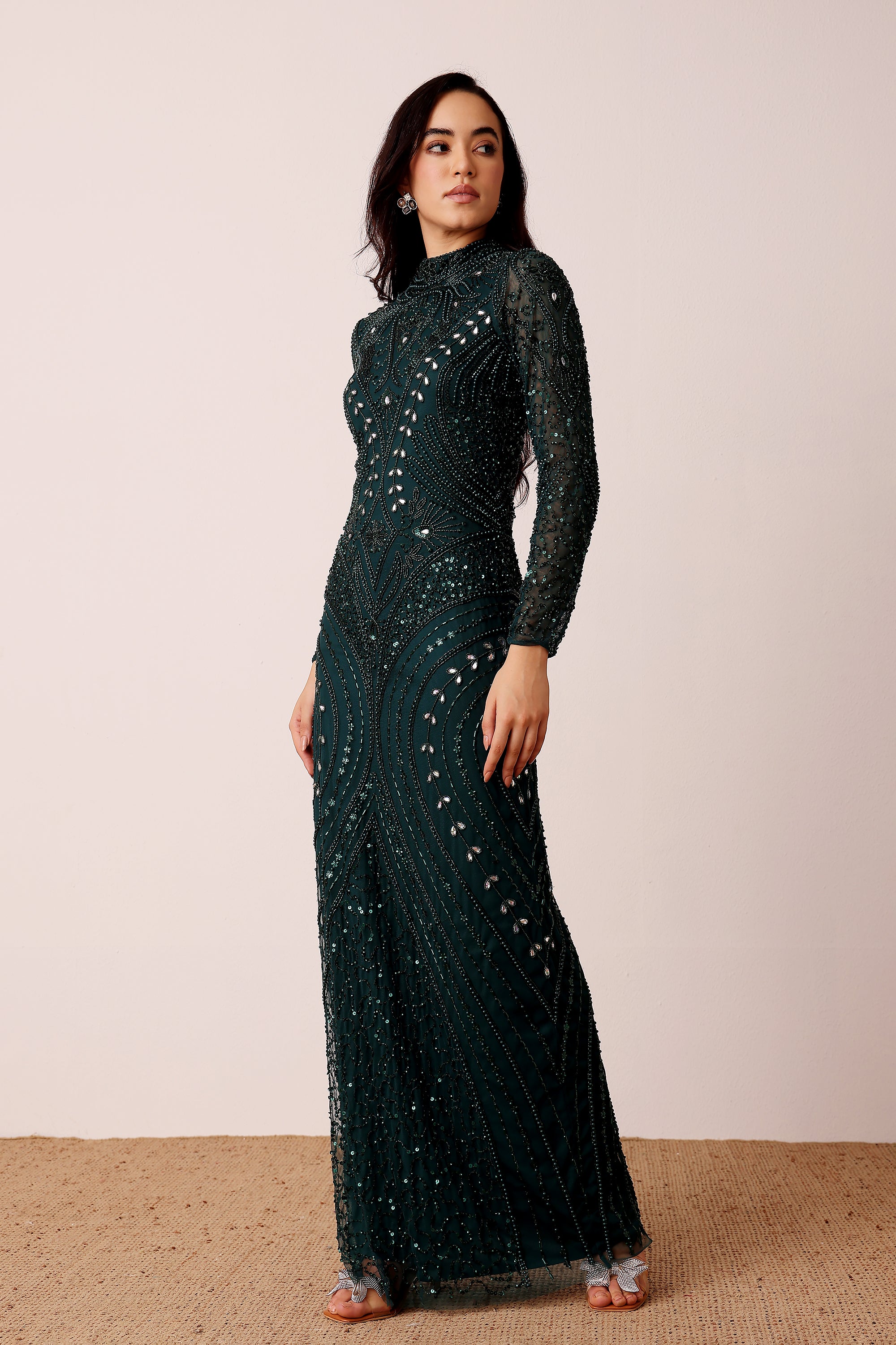 Lotus Embellished Maxi Dress in Emerald Green