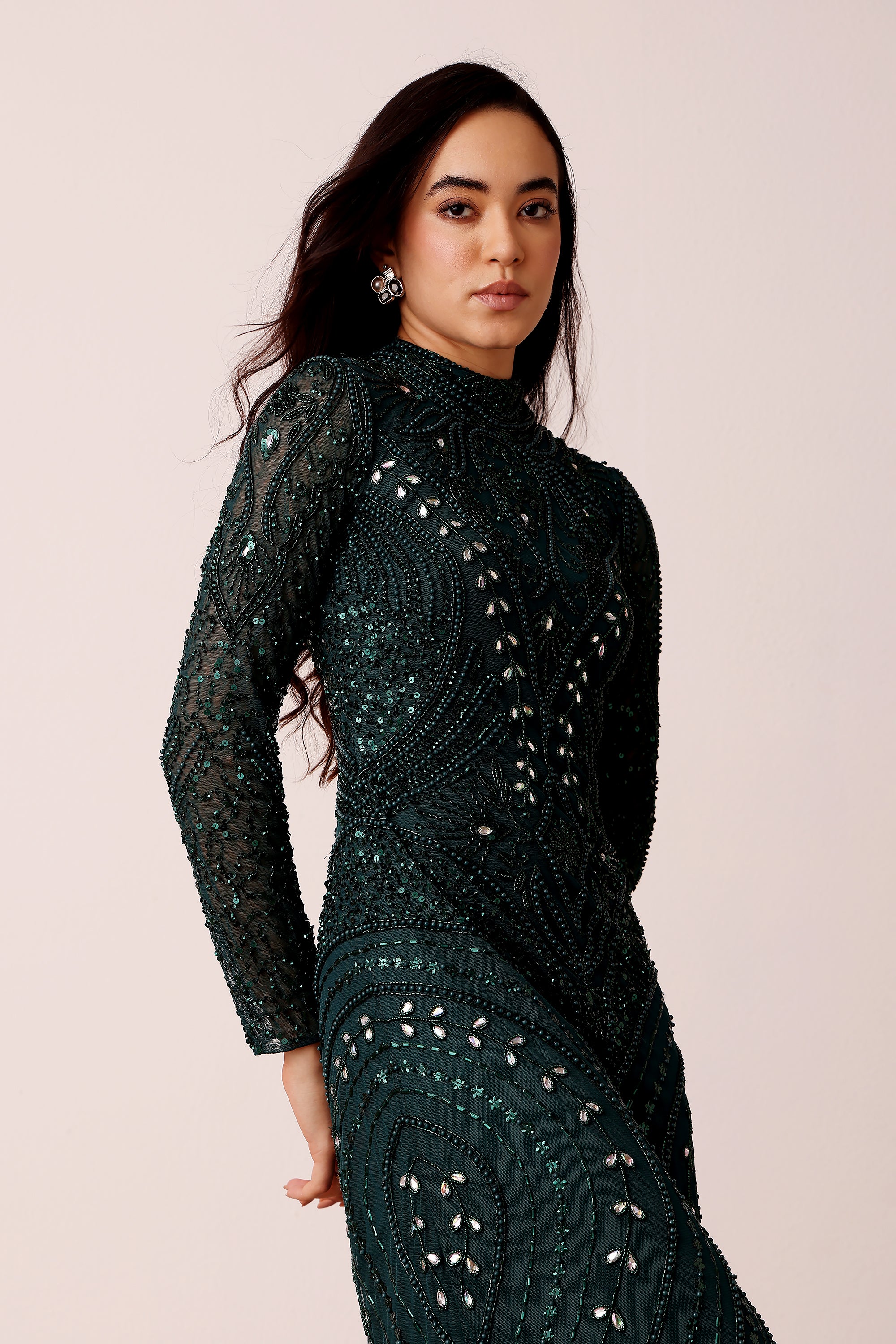 Lotus Embellished Maxi Dress in Emerald Green