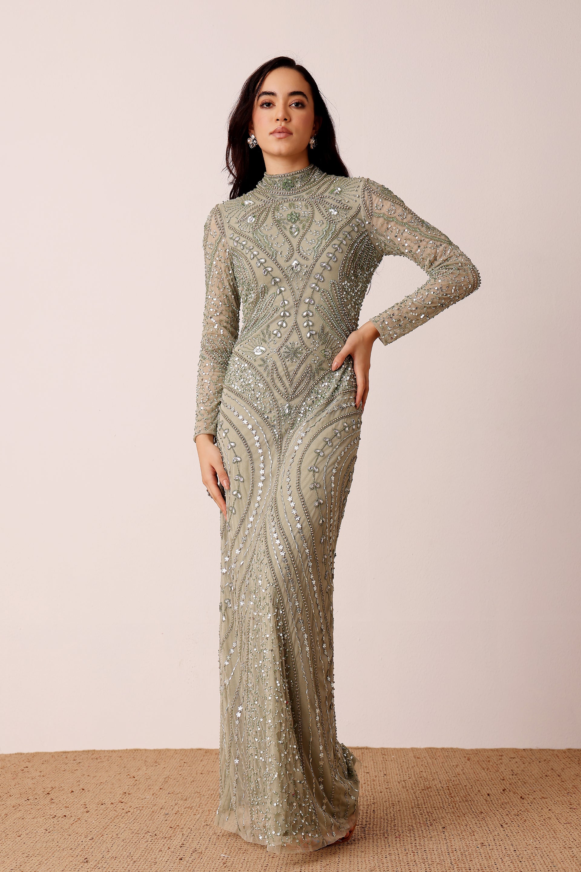 Lotus Embellished Maxi Dress in Sage Green