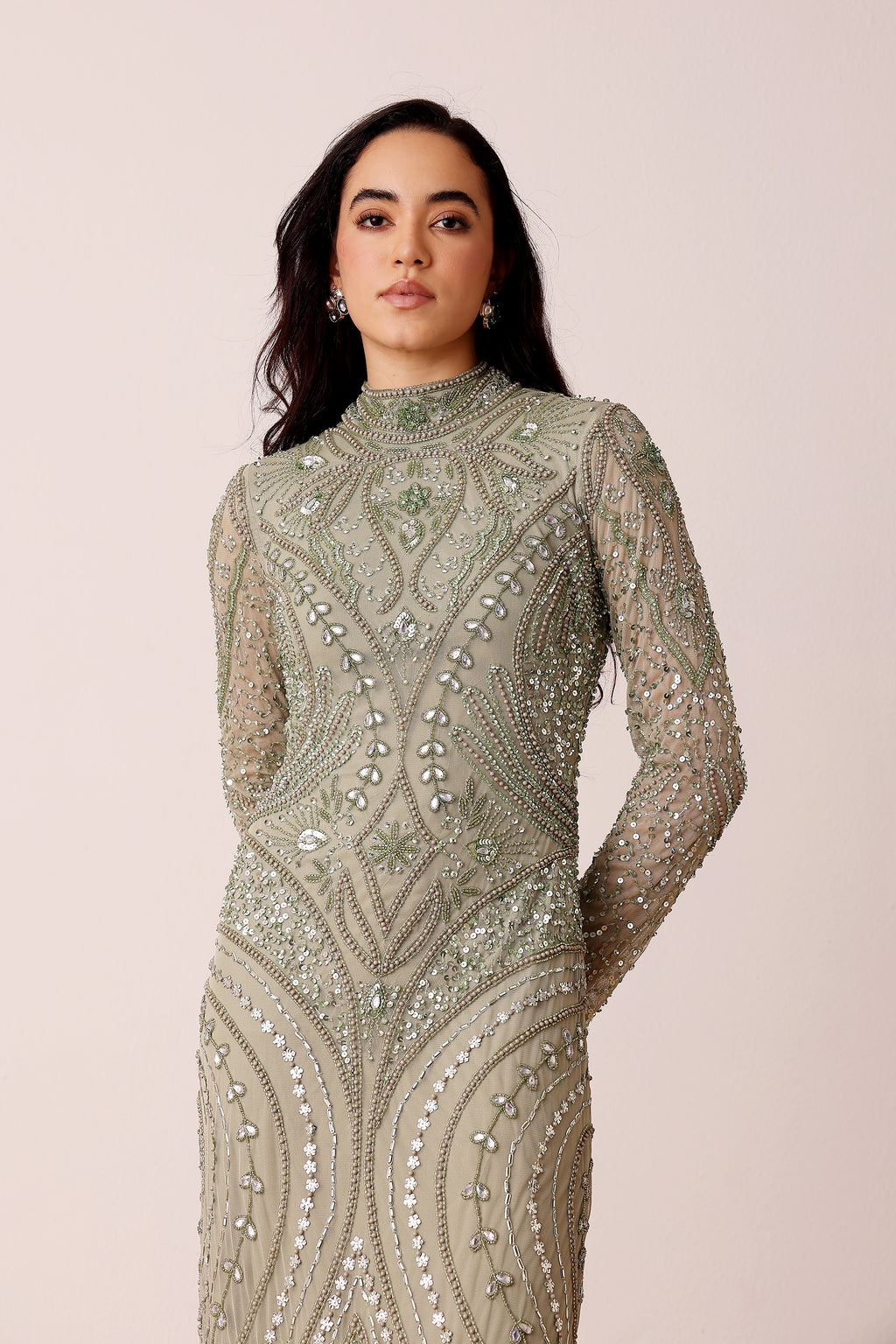 Lotus Embellished Maxi Dress in Sage Green