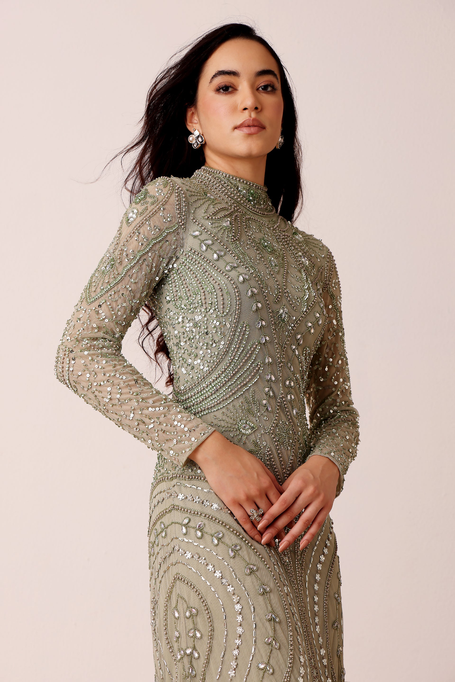 Modest Long Sleeve Maxi Embellished Sequin Beads Sage Green Wedding Guest Dress
