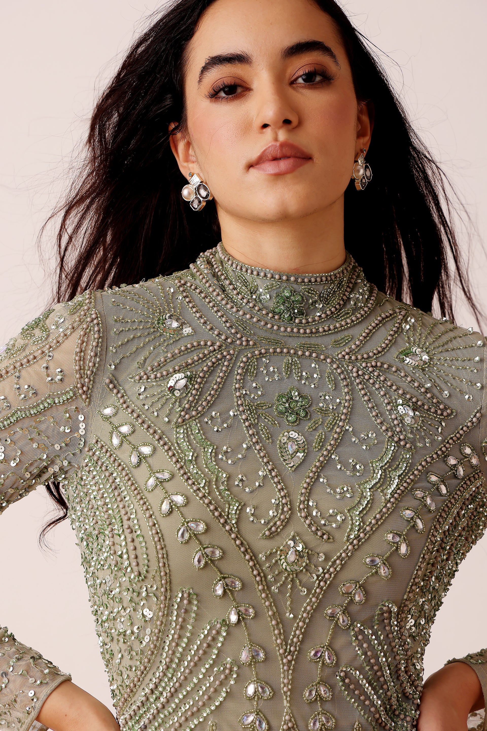 Lotus Embellished Maxi Dress in Sage Green