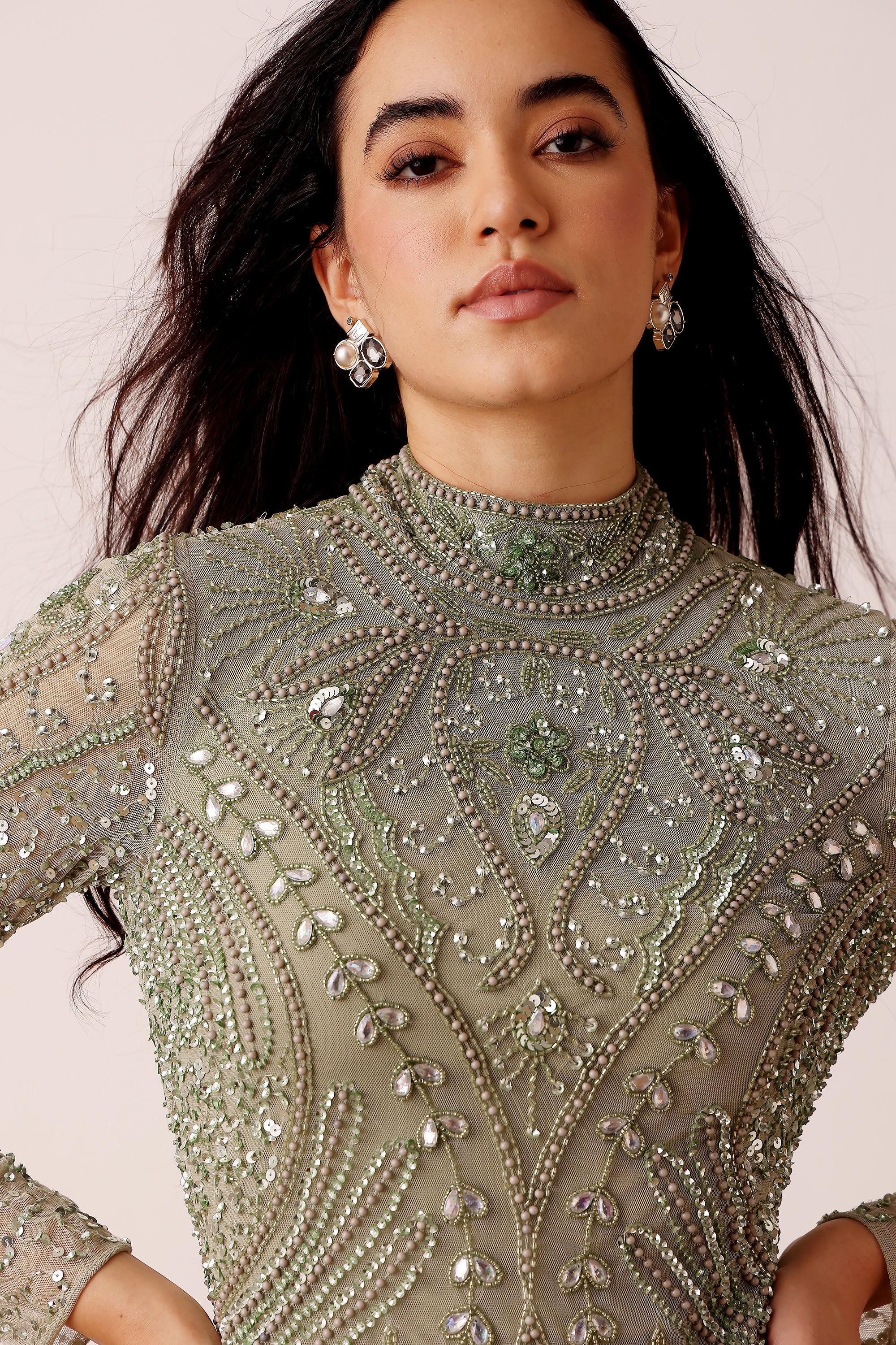 Lotus Embellished Maxi Dress in Sage Green