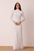 Modest Long Sleeve Maxi Embellished Sequin Beads White Wedding Guest Bridal Dress