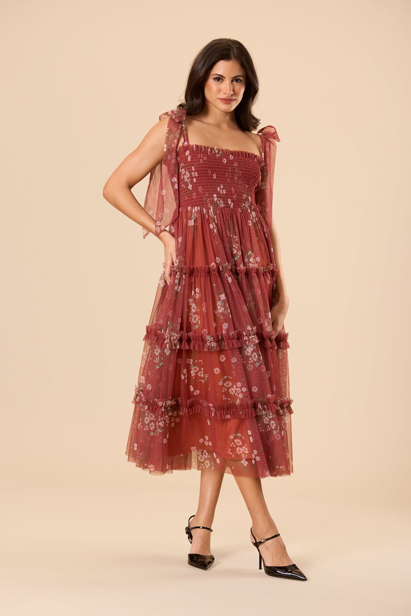 Brick Red Brown Floral Tulle Soft Mesh Tiered A-line Midi Dress Stretch Smocked Bodice
