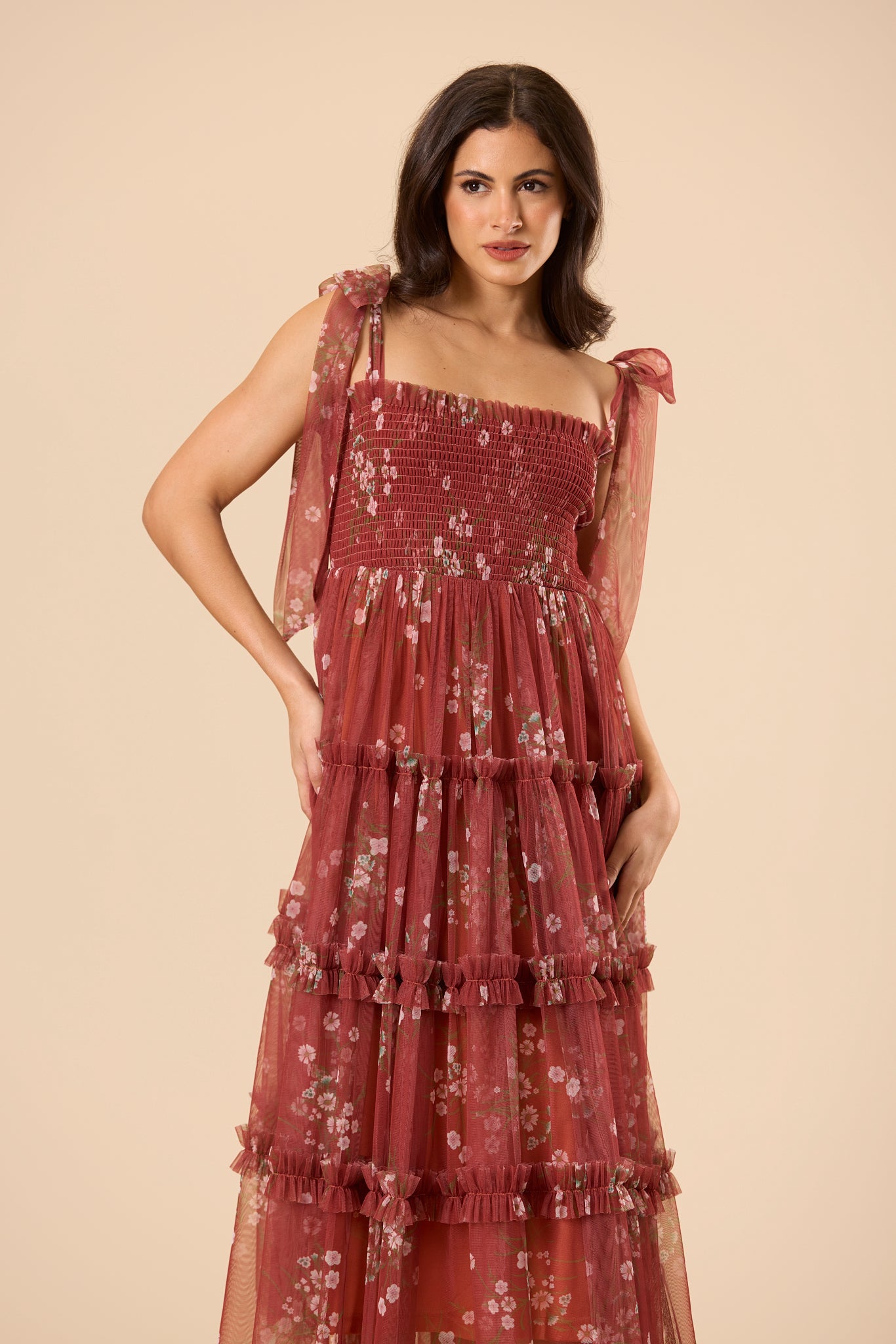Brick Red Brown Floral Tulle Soft Mesh Tiered A-line Midi Dress Stretch Smocked Bodice