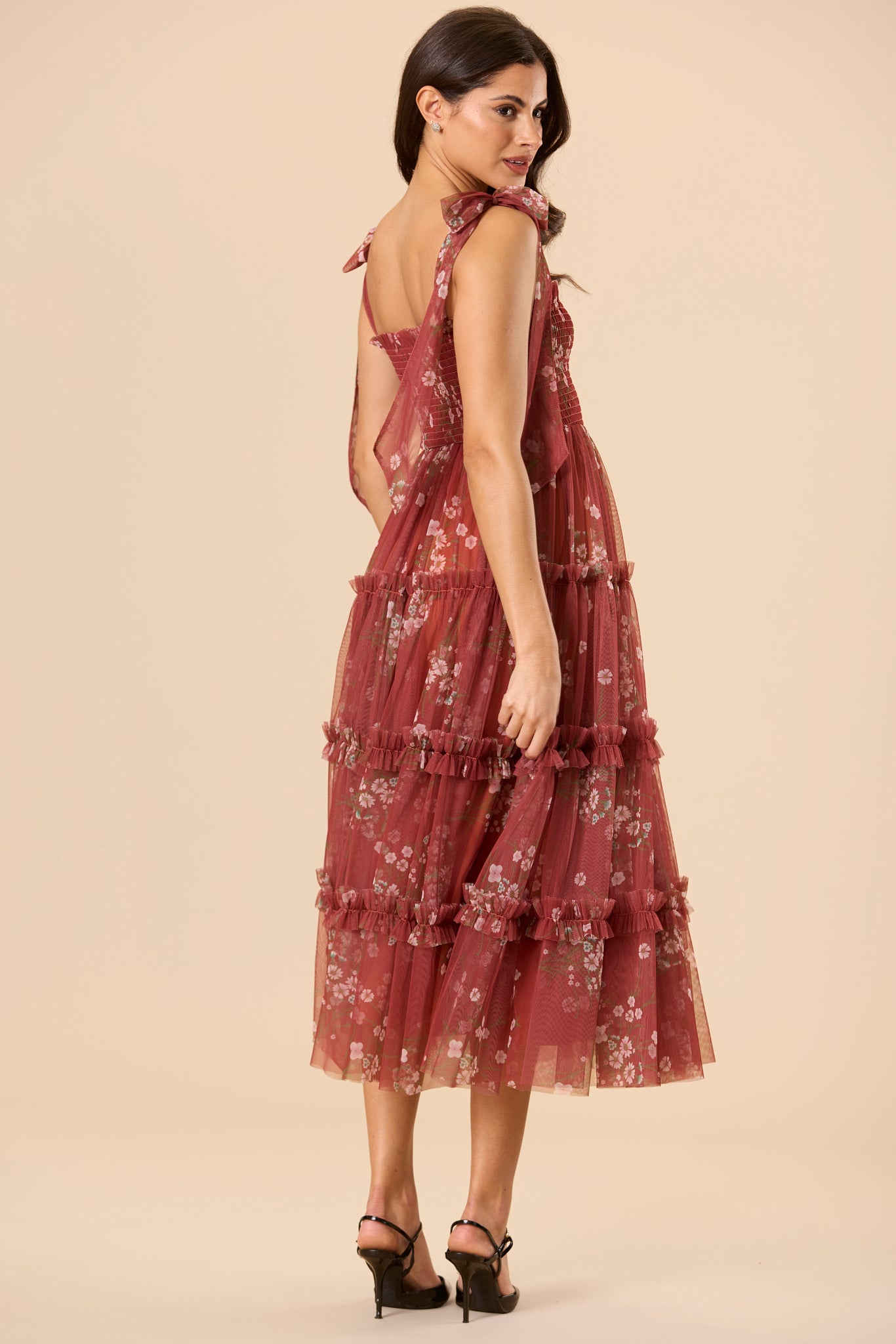 Louise Tulle Midi Dress in Brick Floral