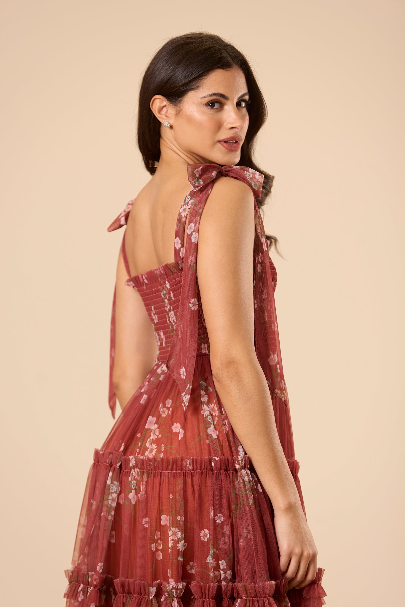 Louise Tulle Midi Dress in Brick Floral