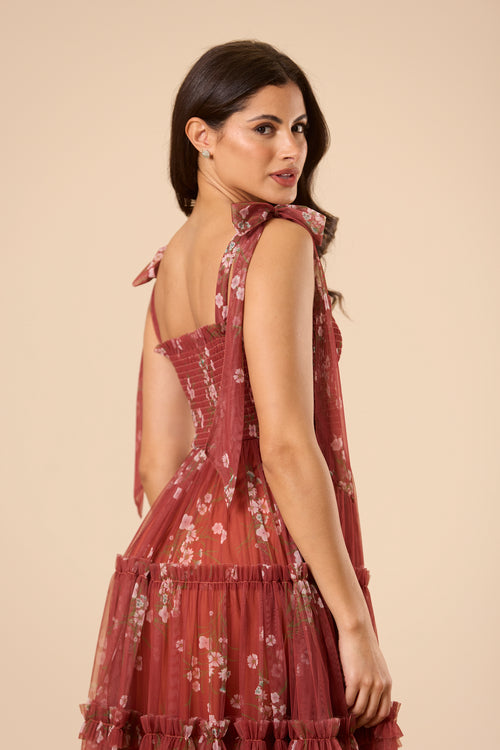 Louise Tulle Midi Dress in Brick Floral