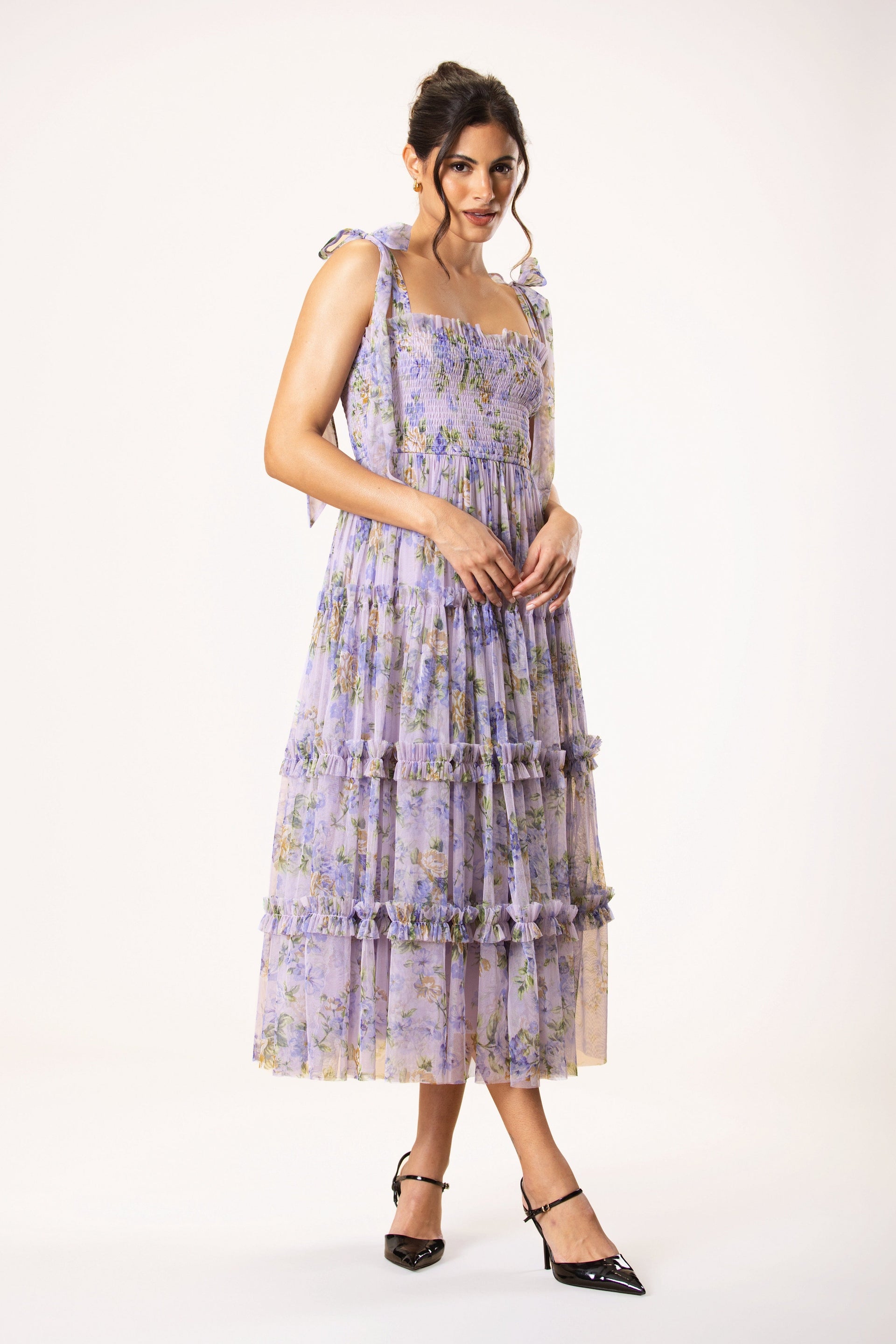 tie bow traps soft tulle spring summer lilac floral prinmt cinched smocked waist