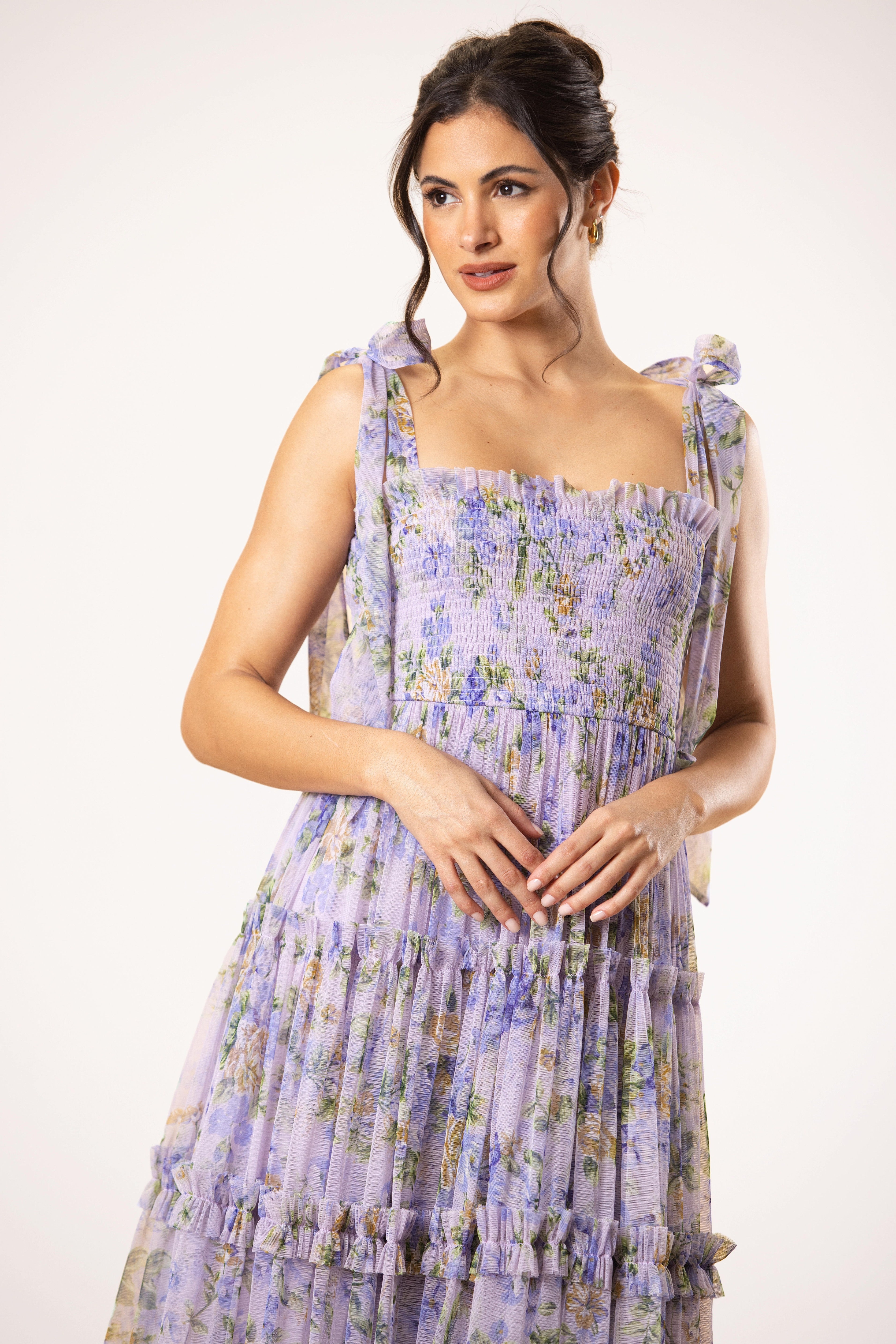 Louise Tulle Midi Dress in Lilac Print