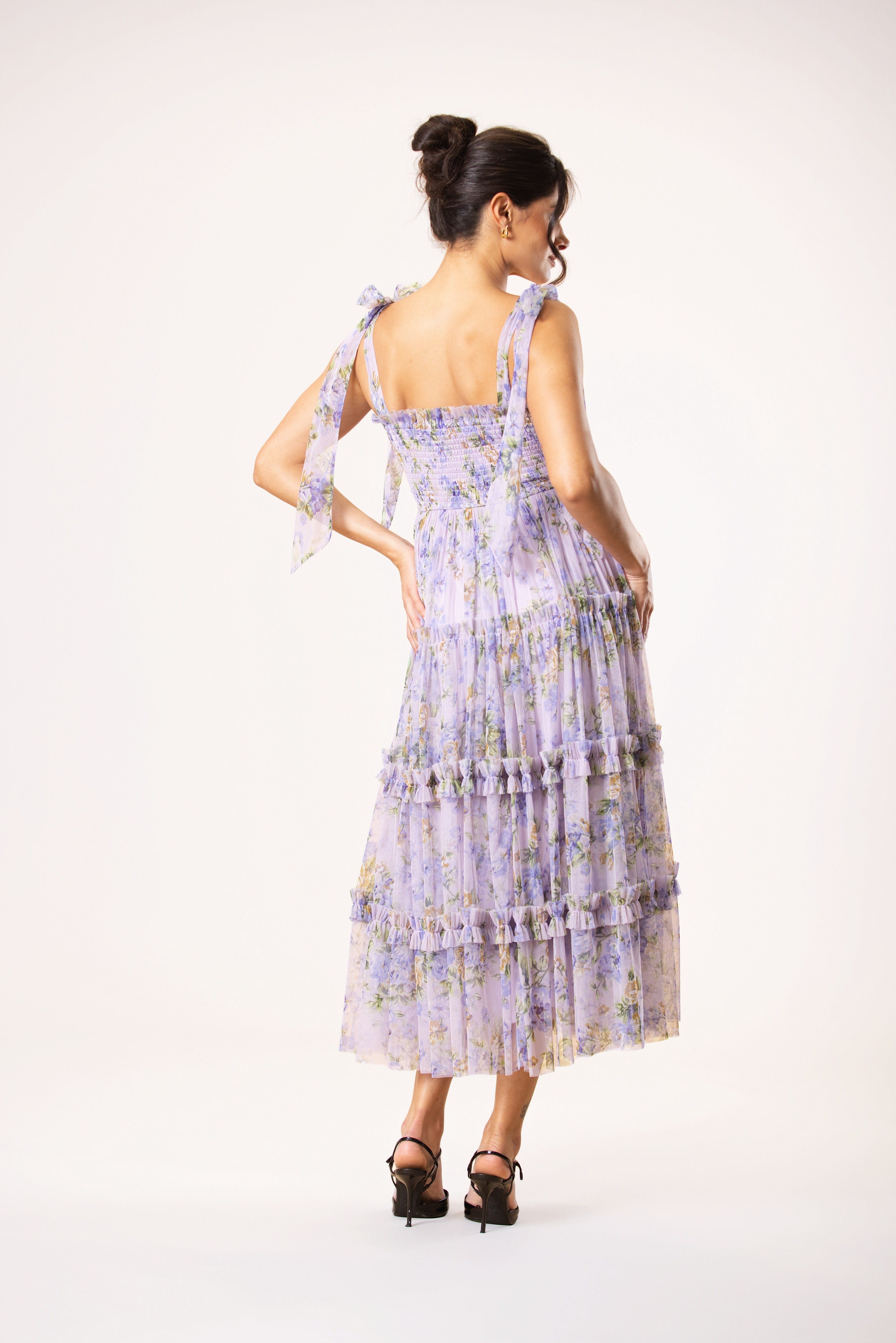 Louise Tulle Midi Dress in Lilac Print