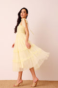 Bow shoulder buttercup yellow soft mesh midi dress summer