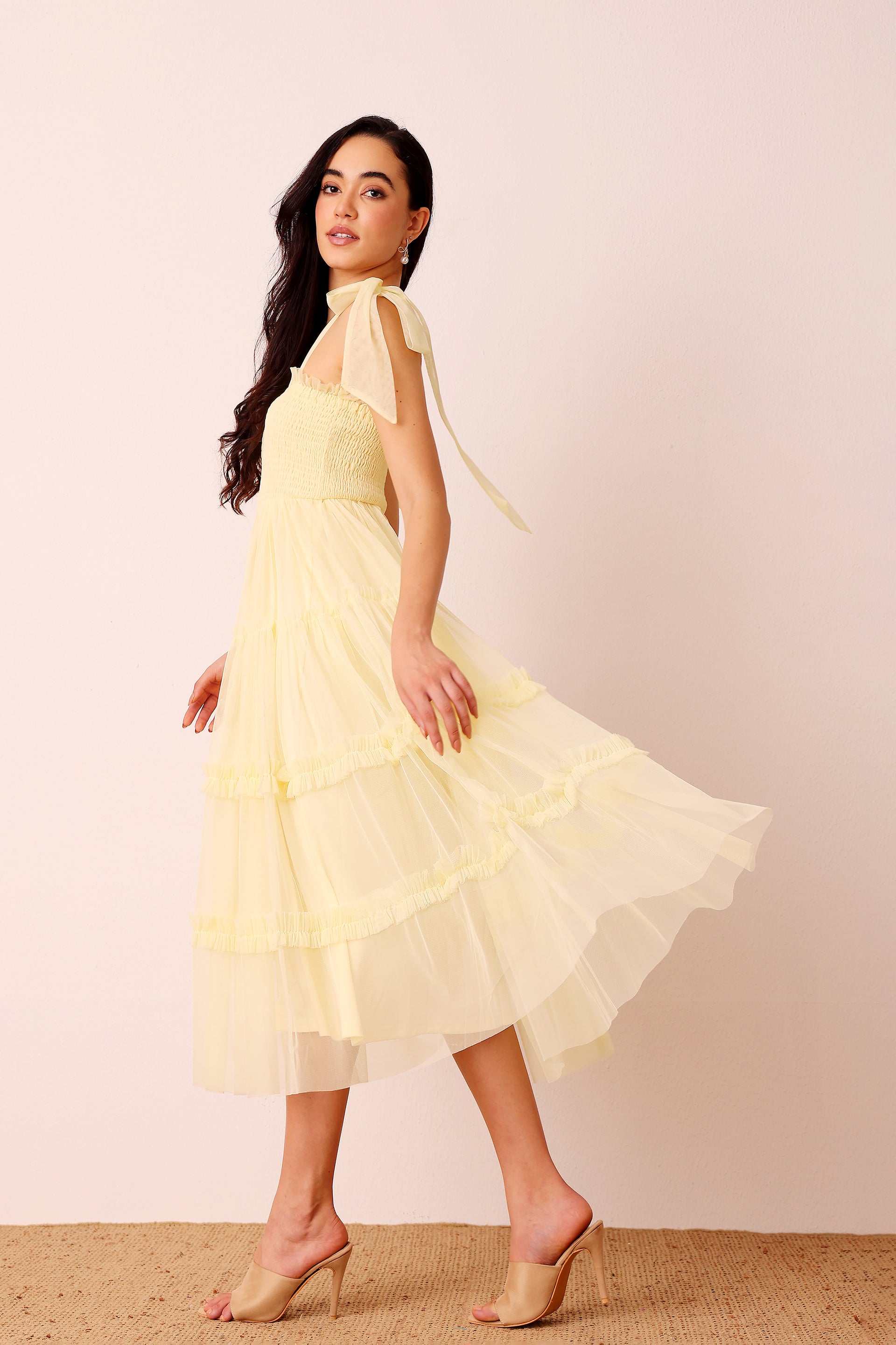 Bow shoulder buttercup yellow soft mesh midi dress summer
