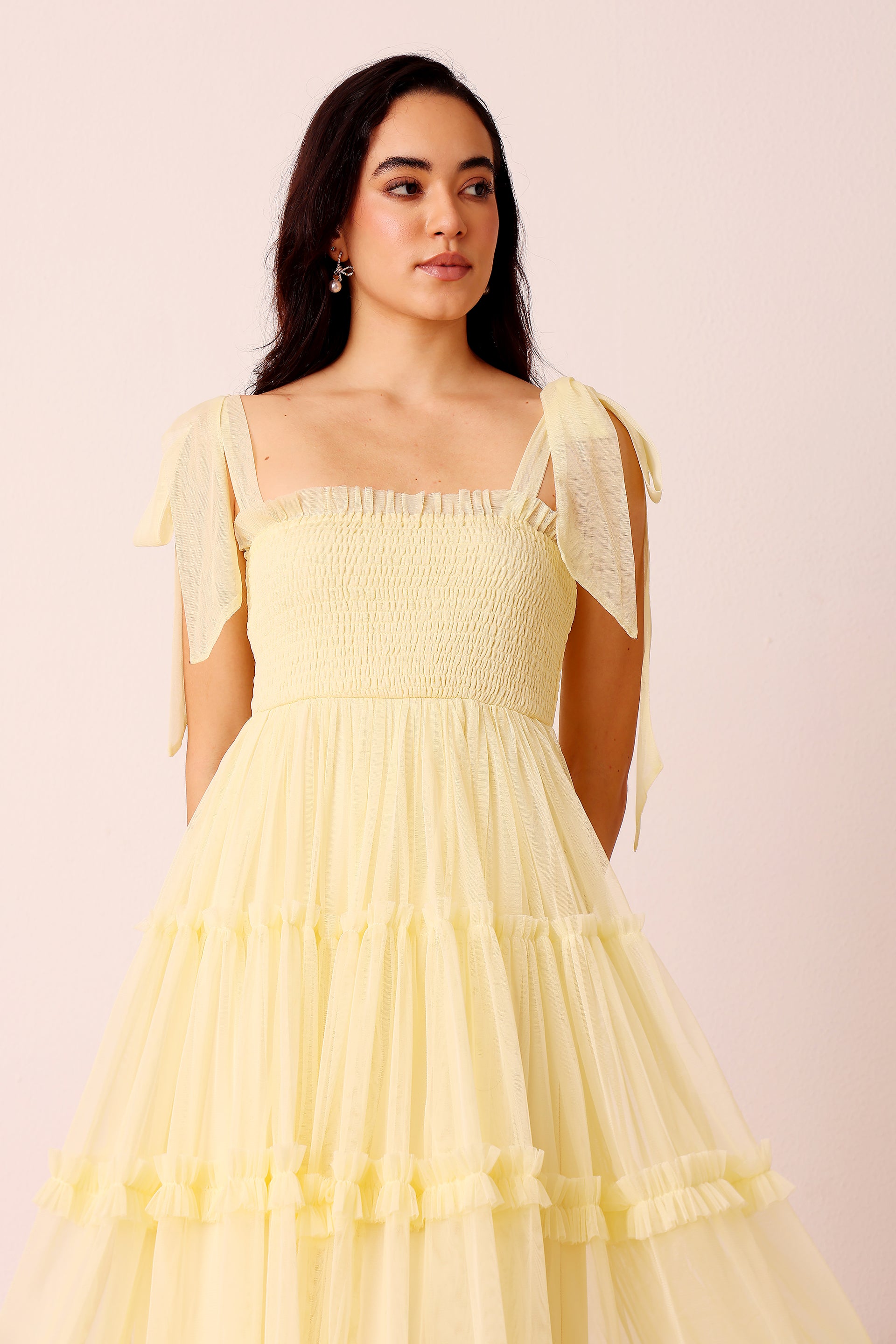 Bow shoulder buttercup yellow soft mesh midi dress summer