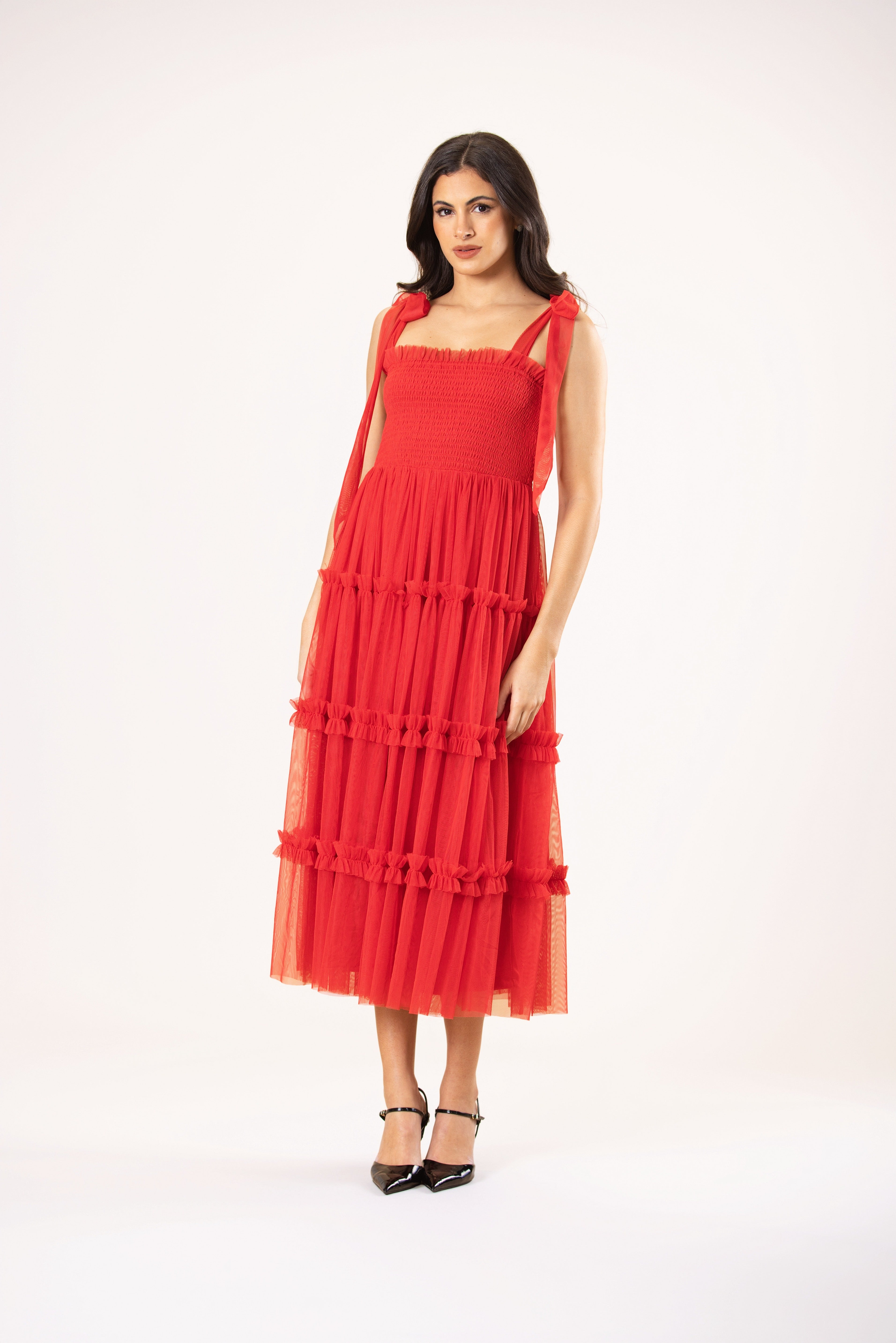 Louise Tulle Midi Dress in Red