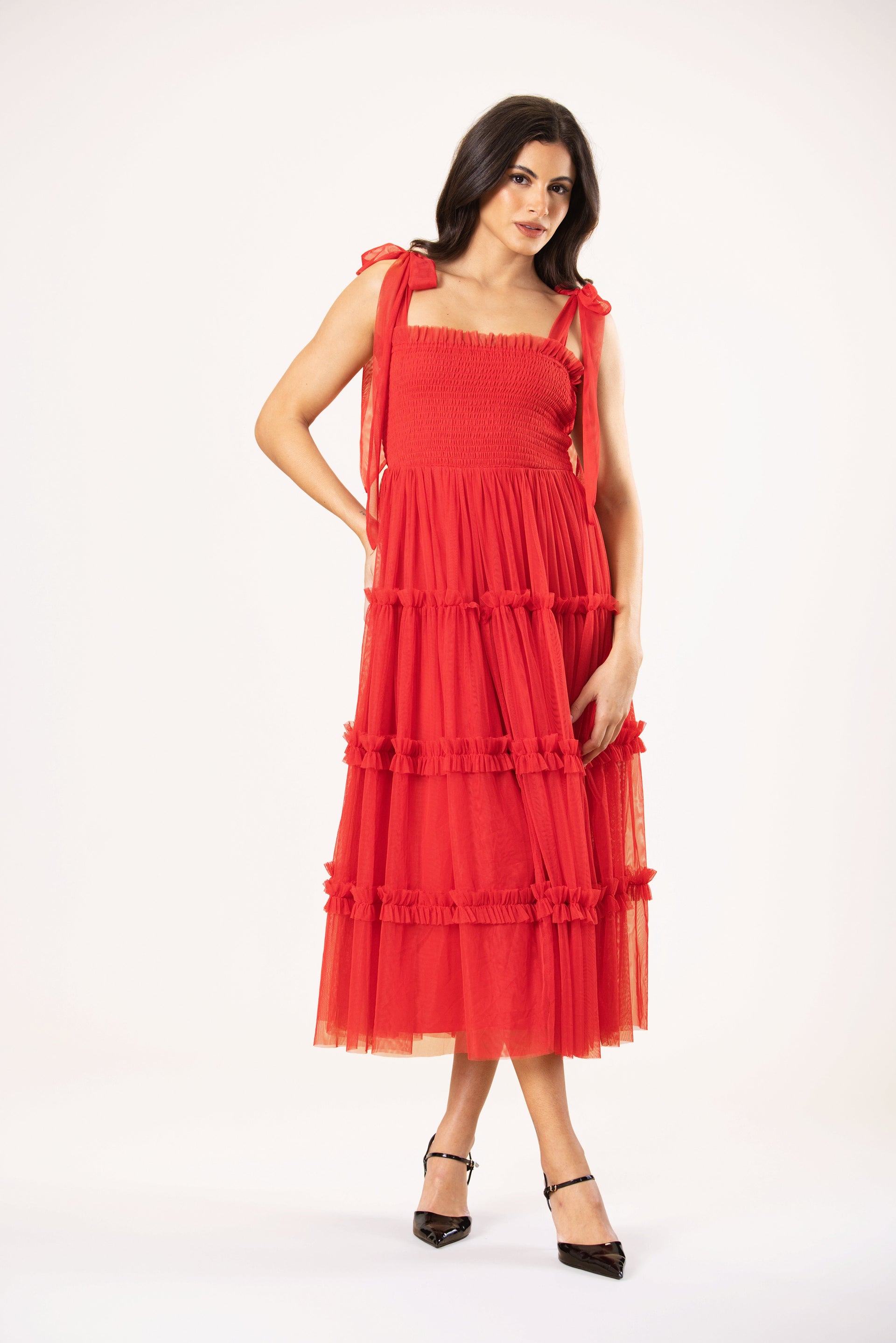 Louise Tulle Midi Dress in Red