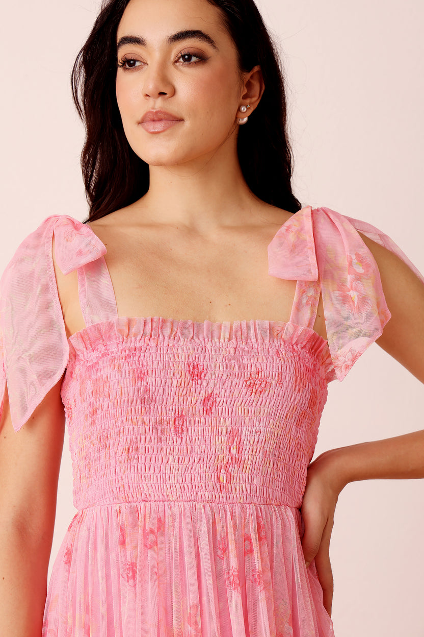 Louise Tulle Midi Dress in Pink Floral – Lace & Beads