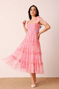 Bow shoulder pink floral midi dress smocked bodice