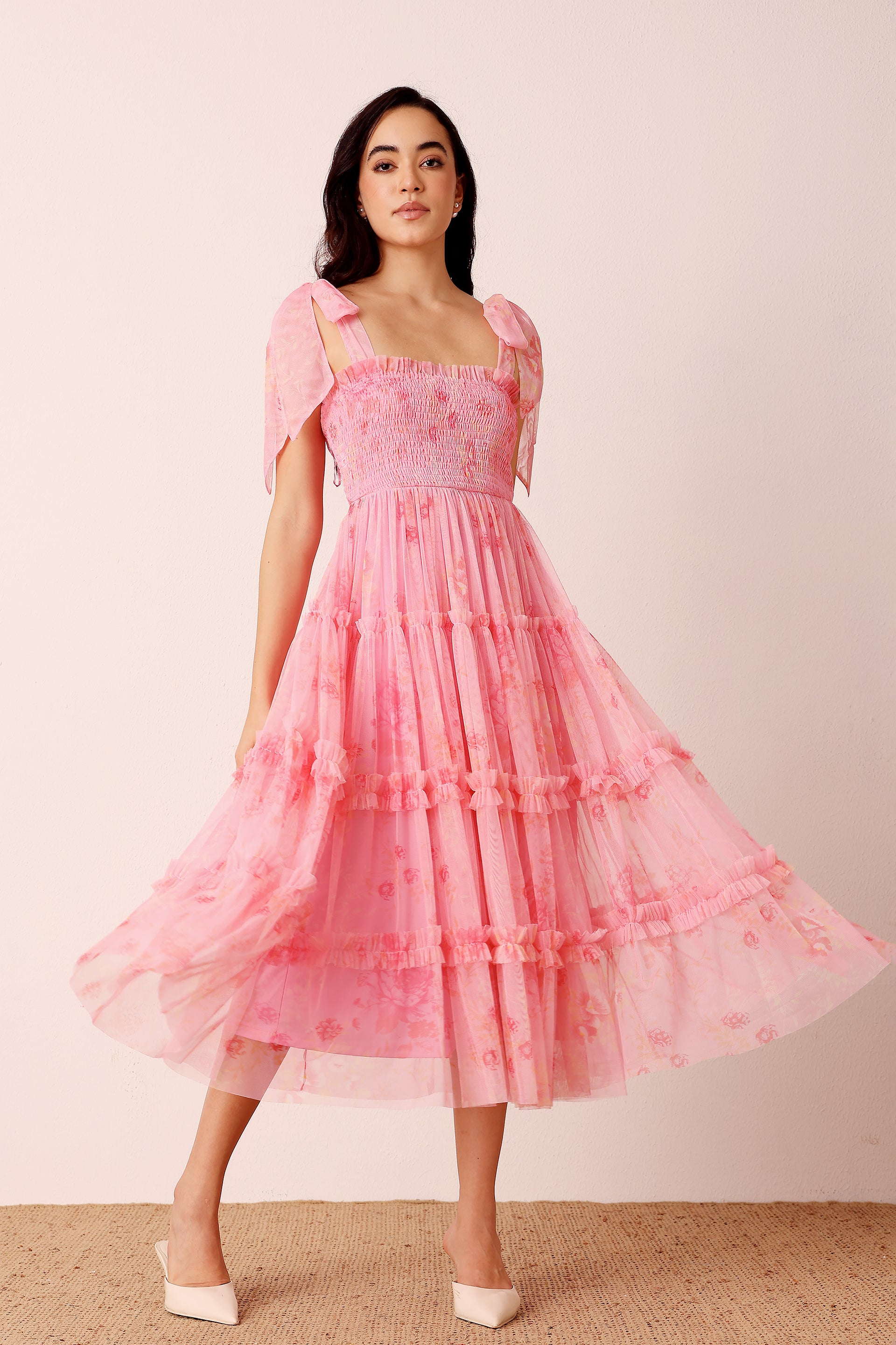 Louise Tulle Midi Dress in Pink Floral