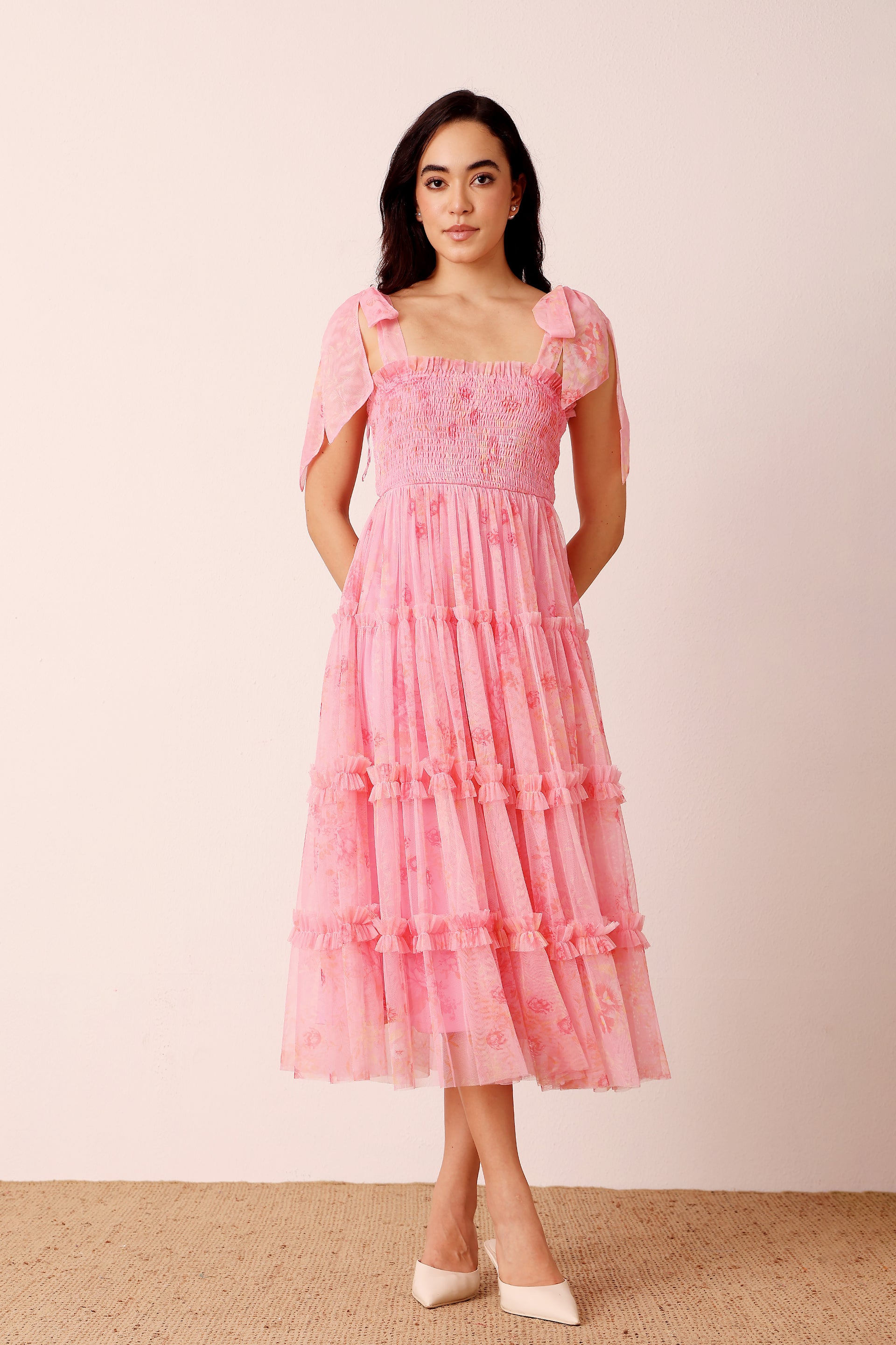 Louise Tulle Midi Dress in Pink Floral