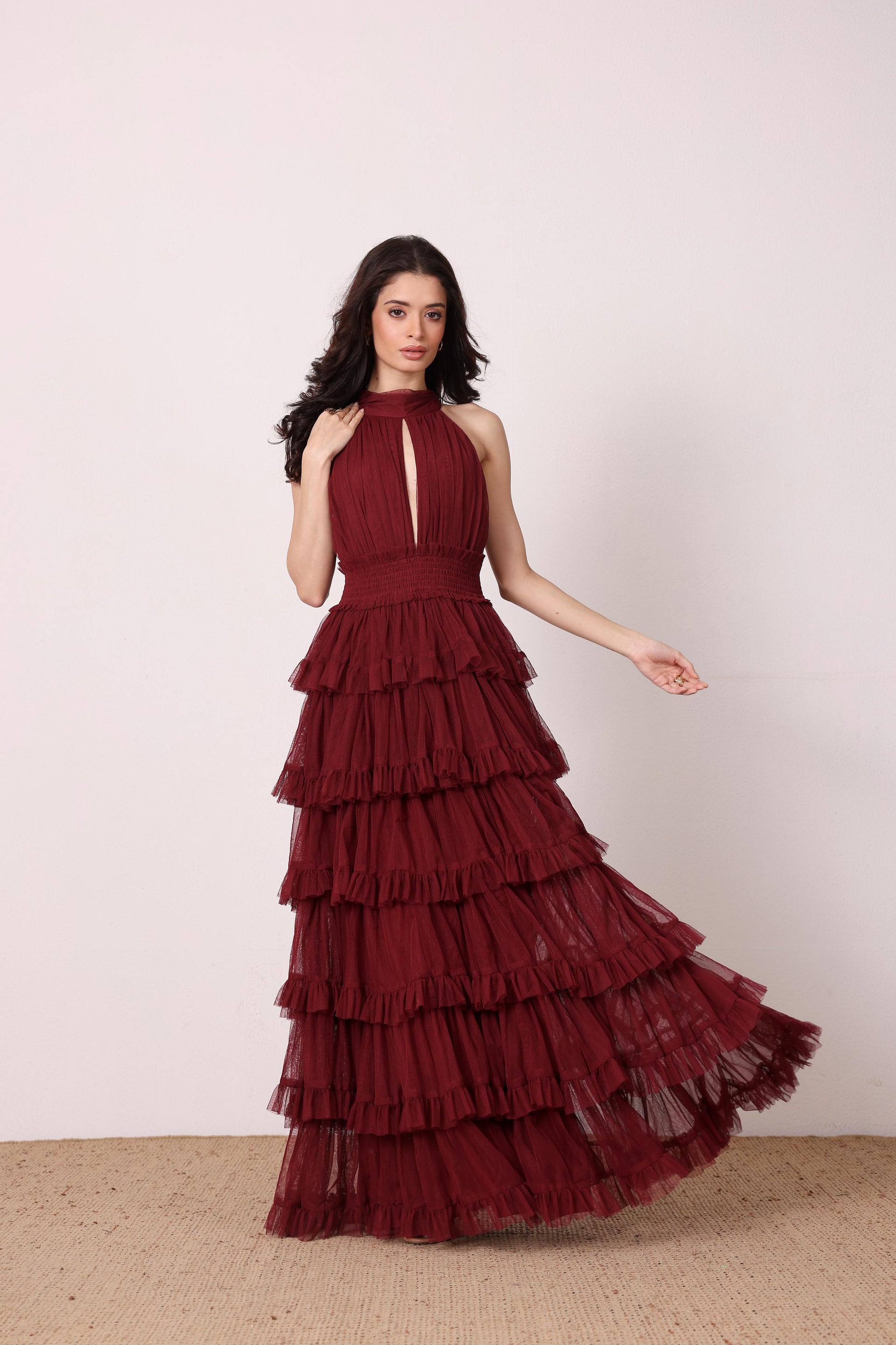 Lucerne Tulle High Neck Maxi Dress in Burgundy