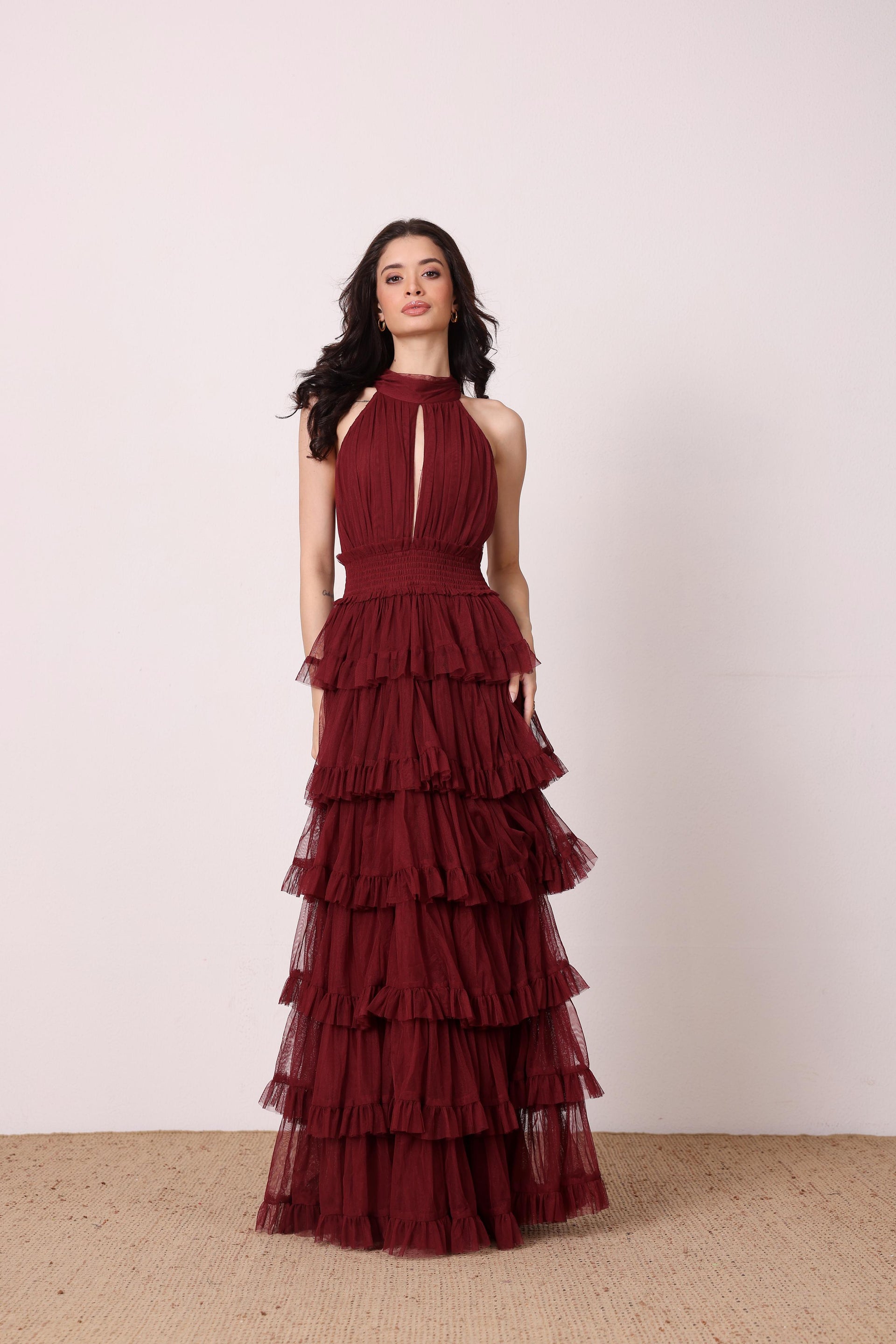 Lucerne Tulle High Neck Maxi Dress in Burgundy