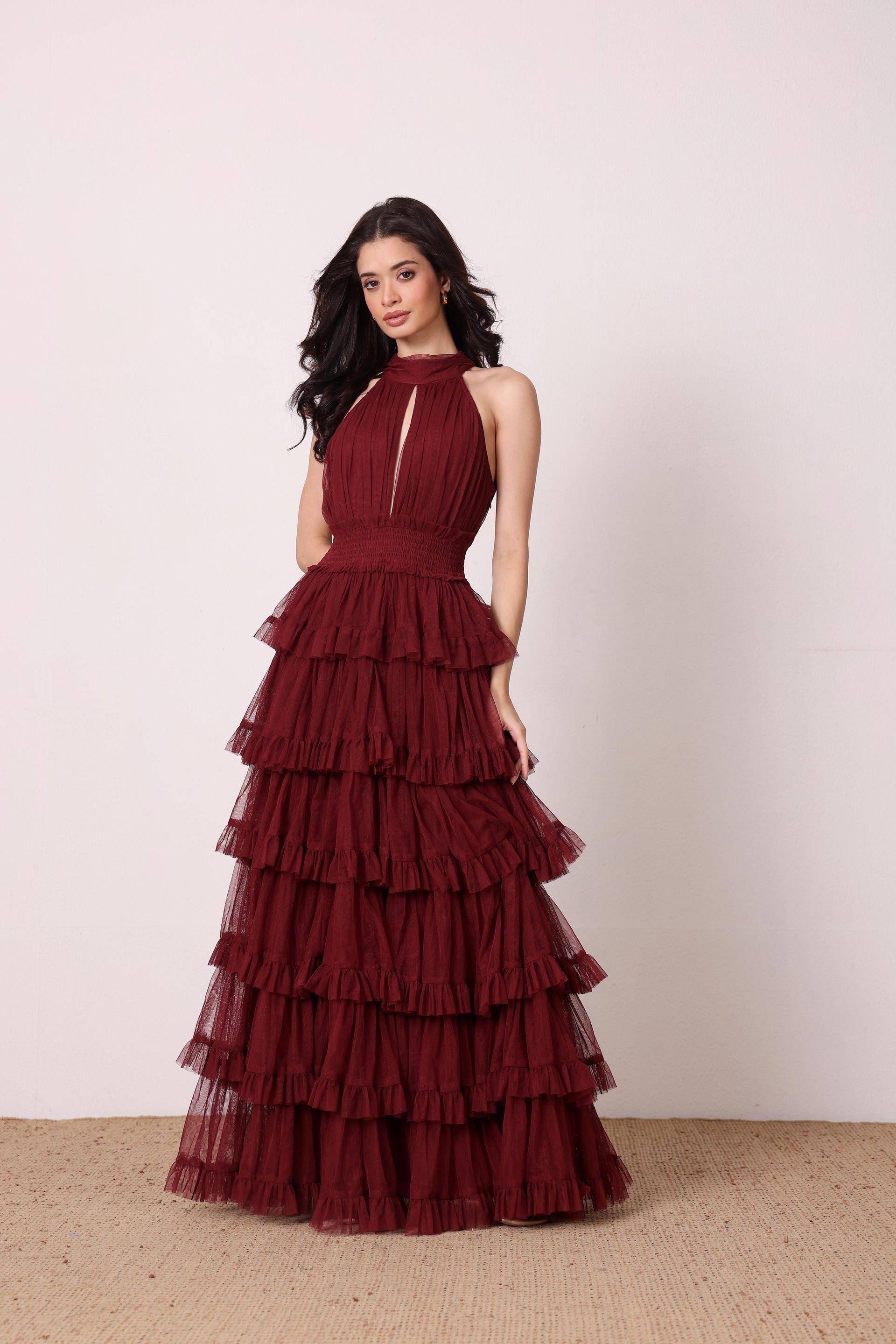 Lucerne Tulle High Neck Maxi Dress in Burgundy