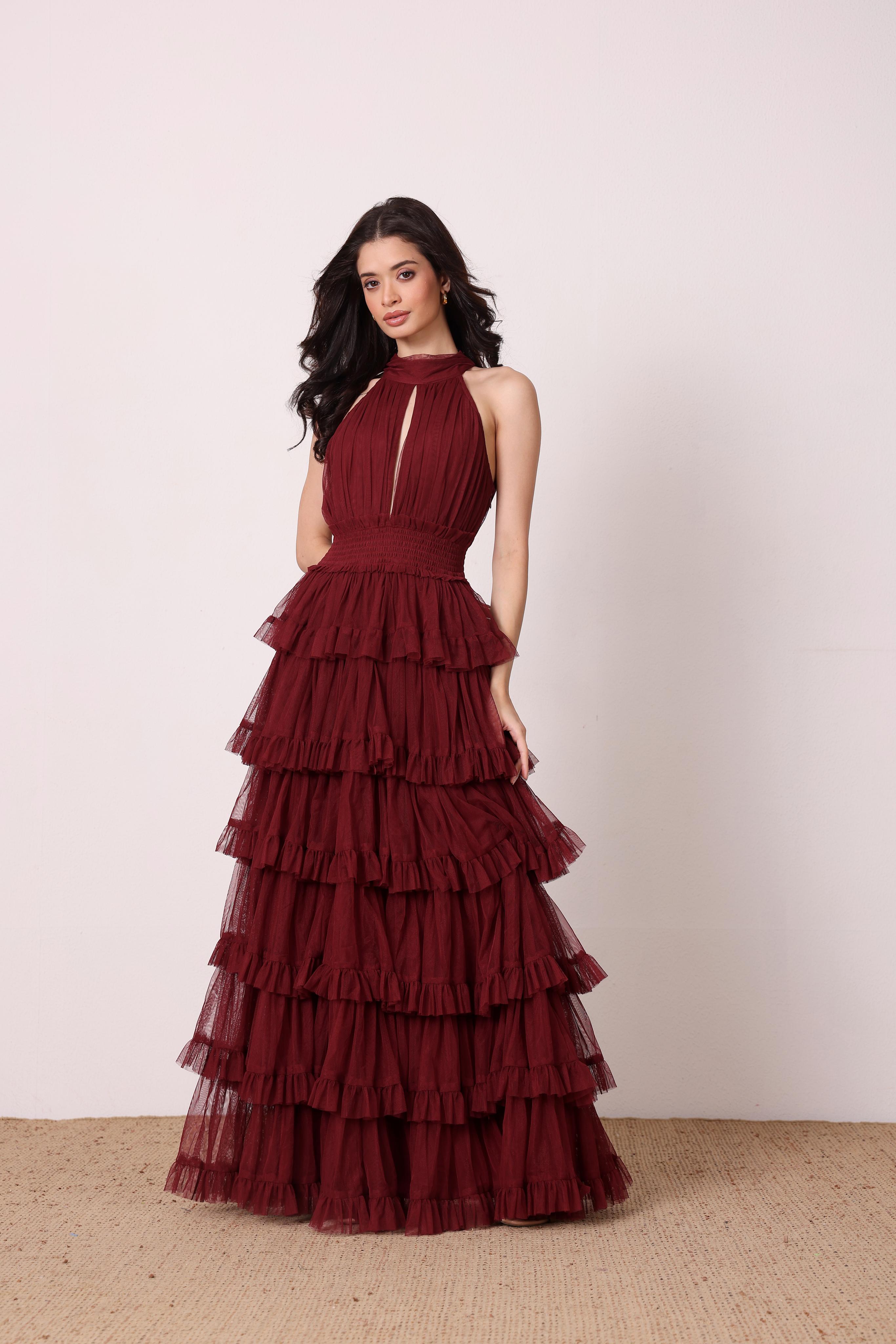 Lucerne Tulle High Neck Maxi Dress in Burgundy