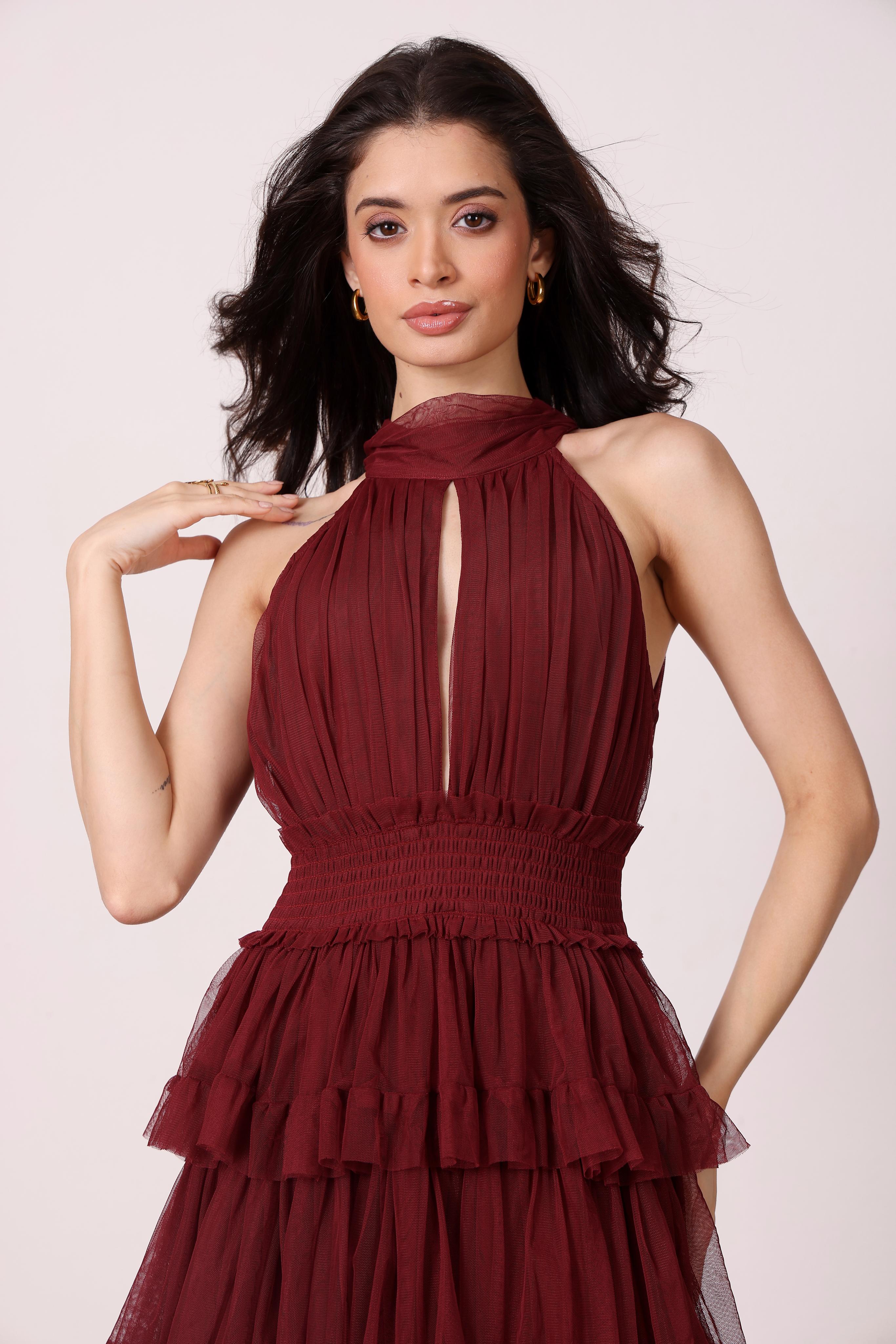 Lucerne Tulle High Neck Maxi Dress in Burgundy